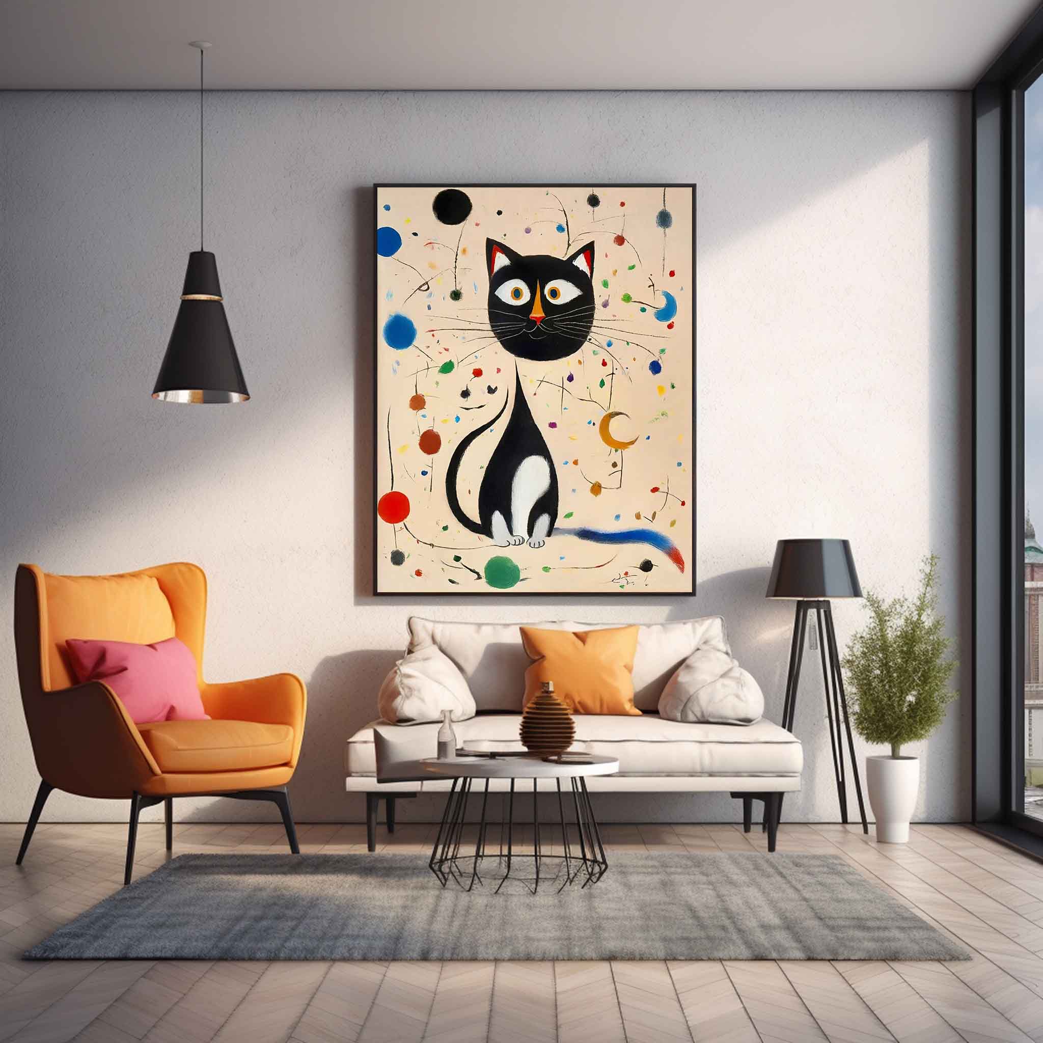 Surreal Joan Miró Style Abstract Cat Oil Painting Large Cat Pop Art Modern Cat Oil Painting Framed Artwork