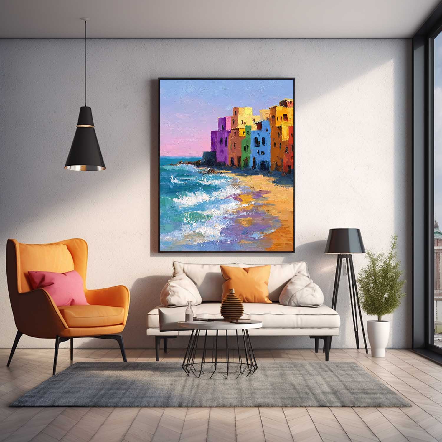 Coastal Wall Art Original Abstract Colorful Seaside Houses Painting Modern Texture Artwork Home Decor