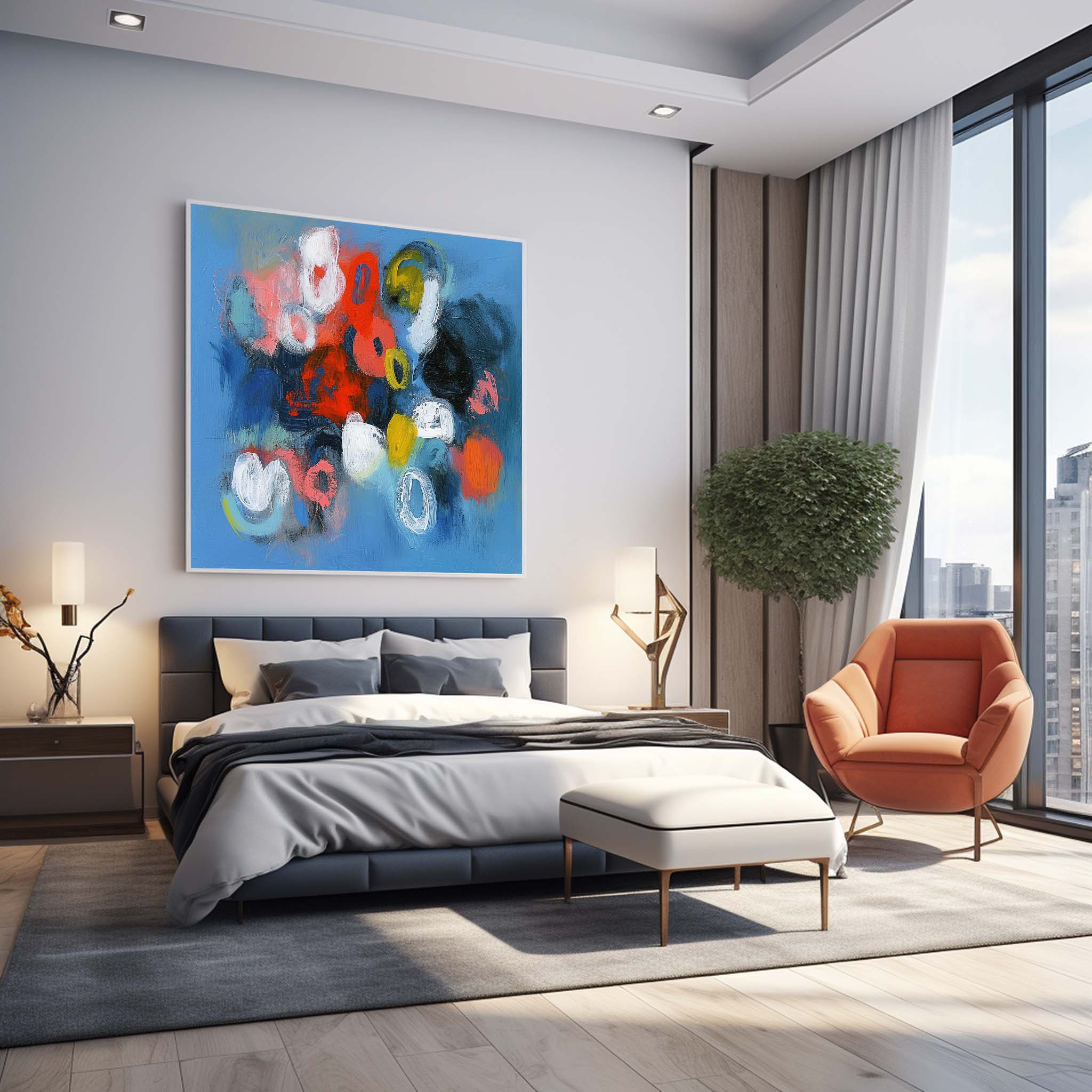 Blue Square Abstract Texture Oil Painting Bright Coloful Large Acrylic Painting Canvas Original Modern Wall Art Home decor