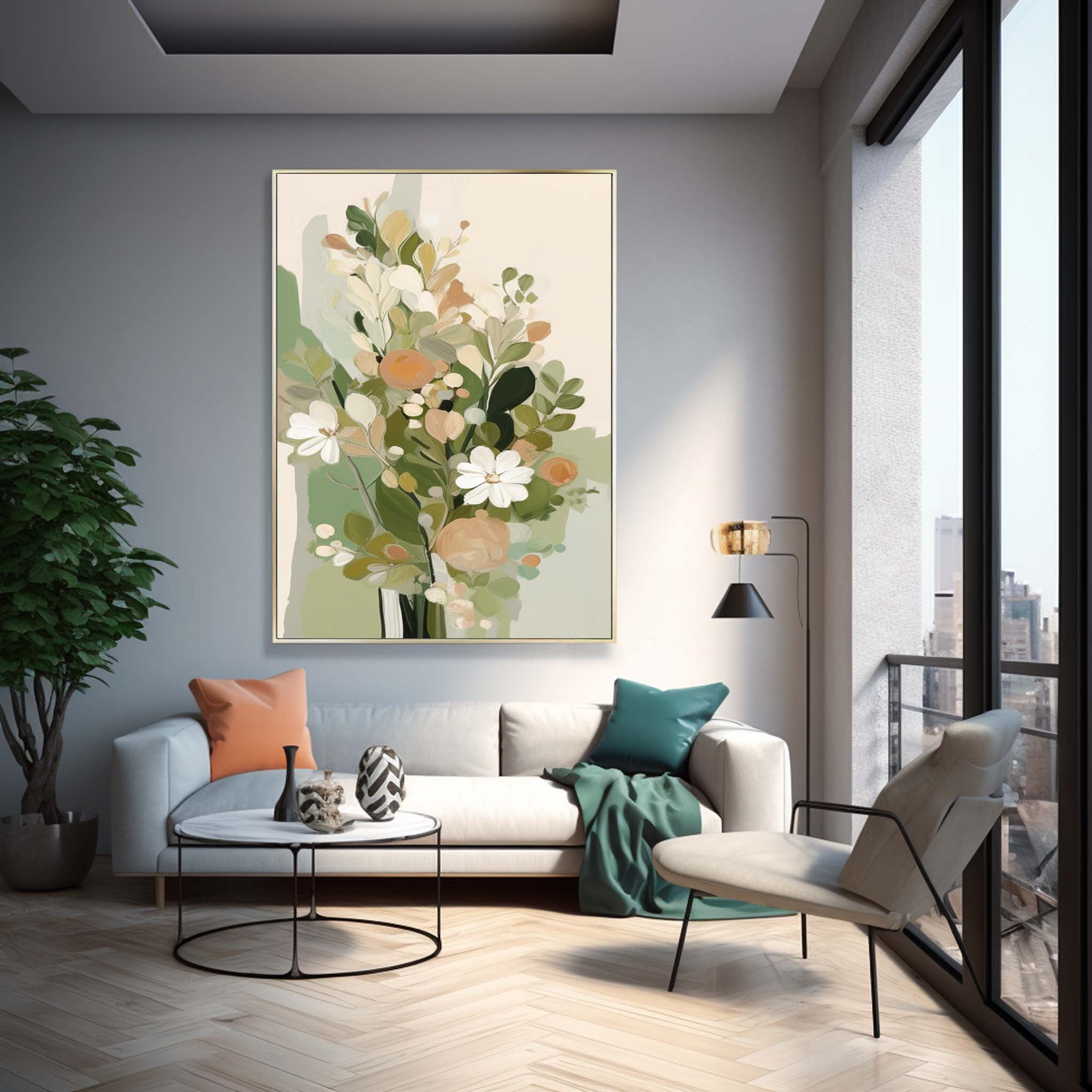 Large Textured Modern Floral Oil Painting On Canvas Home Warm Green Floral Acrylic Painting Original Flower Wall Art Decor