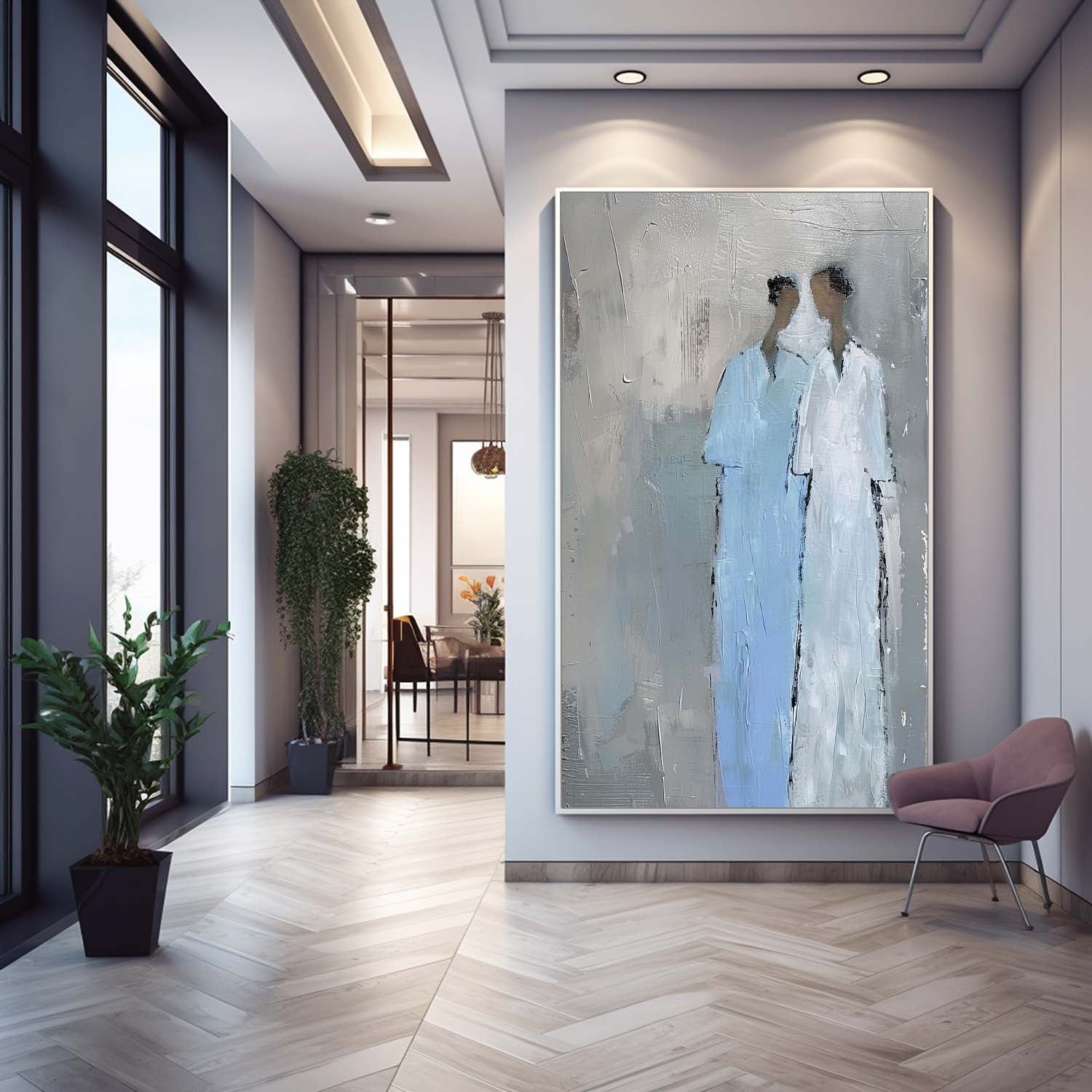 Blue Abstract Oil Painting Canvas Original Portrait Wall Art Minimalism Figure Acrylic Painting Home Decor