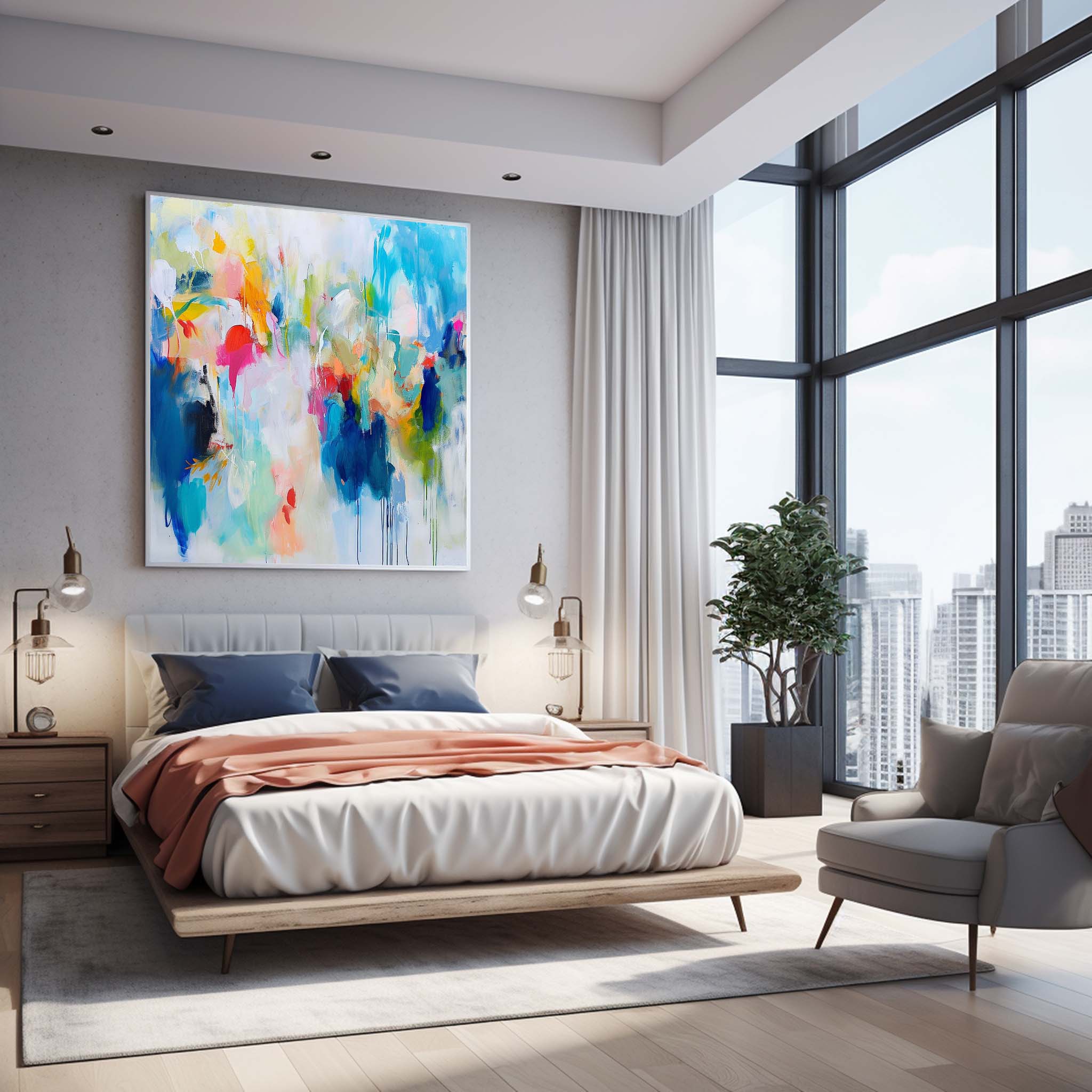 Colorful Original Hand Painted Wall Art Square Abstract Fine Art Canvas Contemporary Abstract Art For Sale