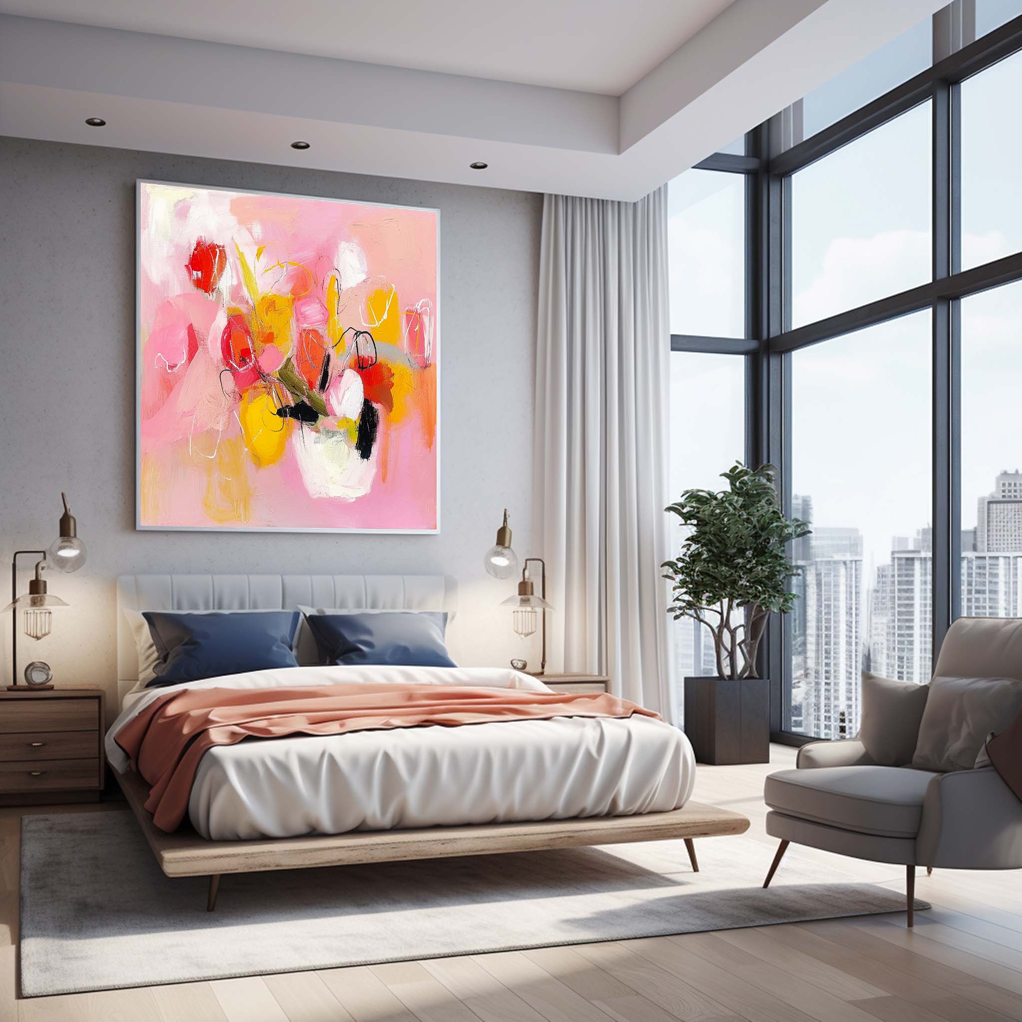 Square Abstract Graffiti Oil Painting Bright Pink Large Acrylic Painting Canvas Original Modern Wall Art For Living Room