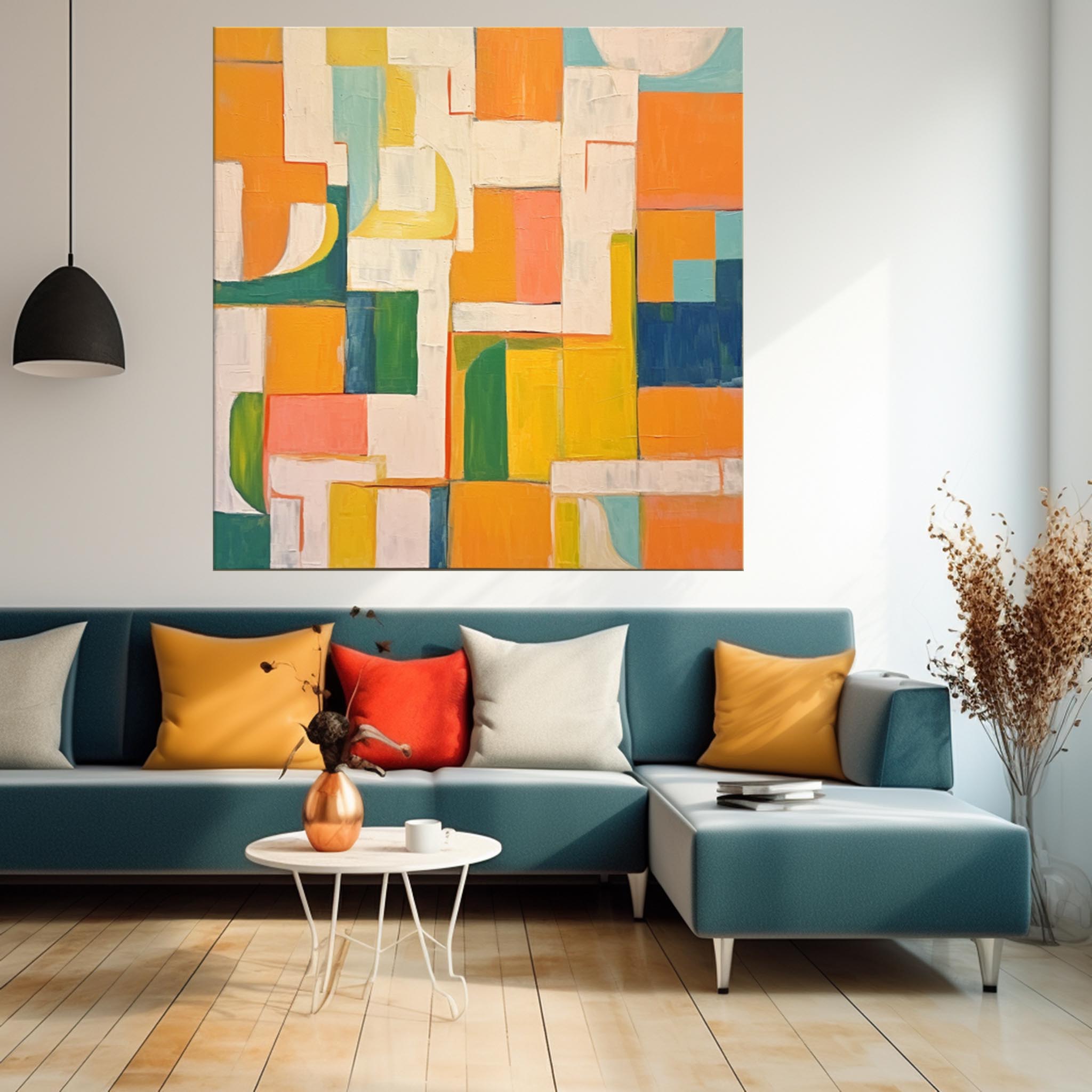 Square Abstract Geometry Oil Painting Bright Yellow Large Texture Canvas Original Modern Wall Art Home Decor