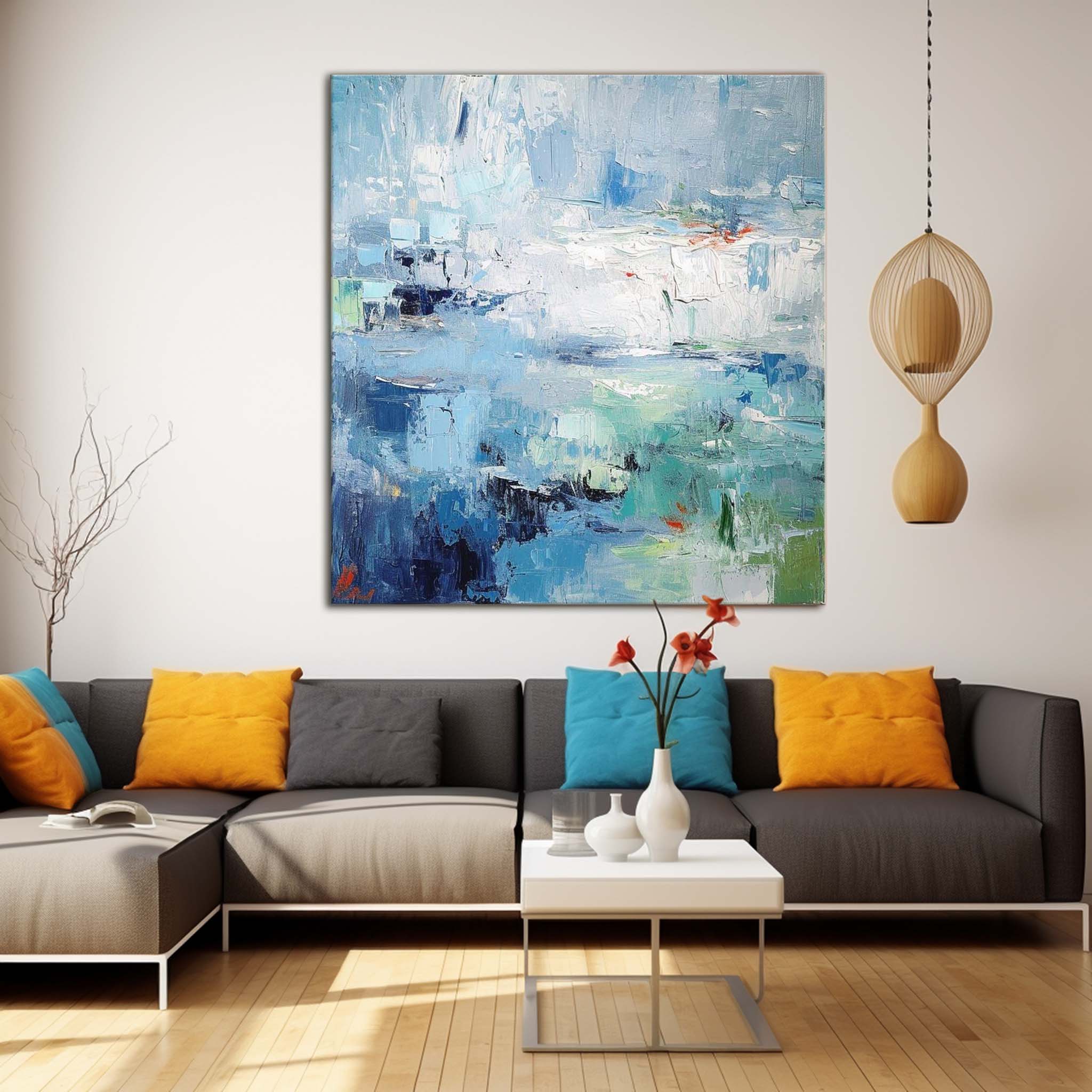 Bright Blue Large Acrylic Painting On Canvas Original Modern Wall Art Square Abstract Texture Oil Painting Home Decor
