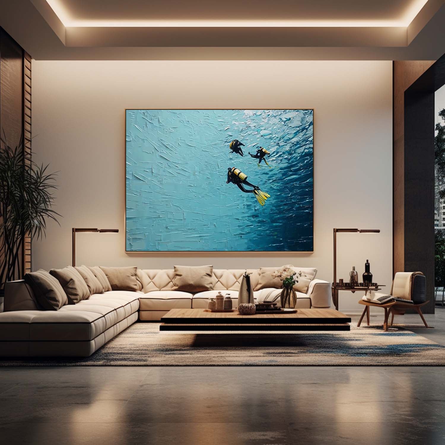 Abstract Underwater Artwork Blue Texture Painting Minimalist Diving Art Large Ocean Painting Diving Gifts