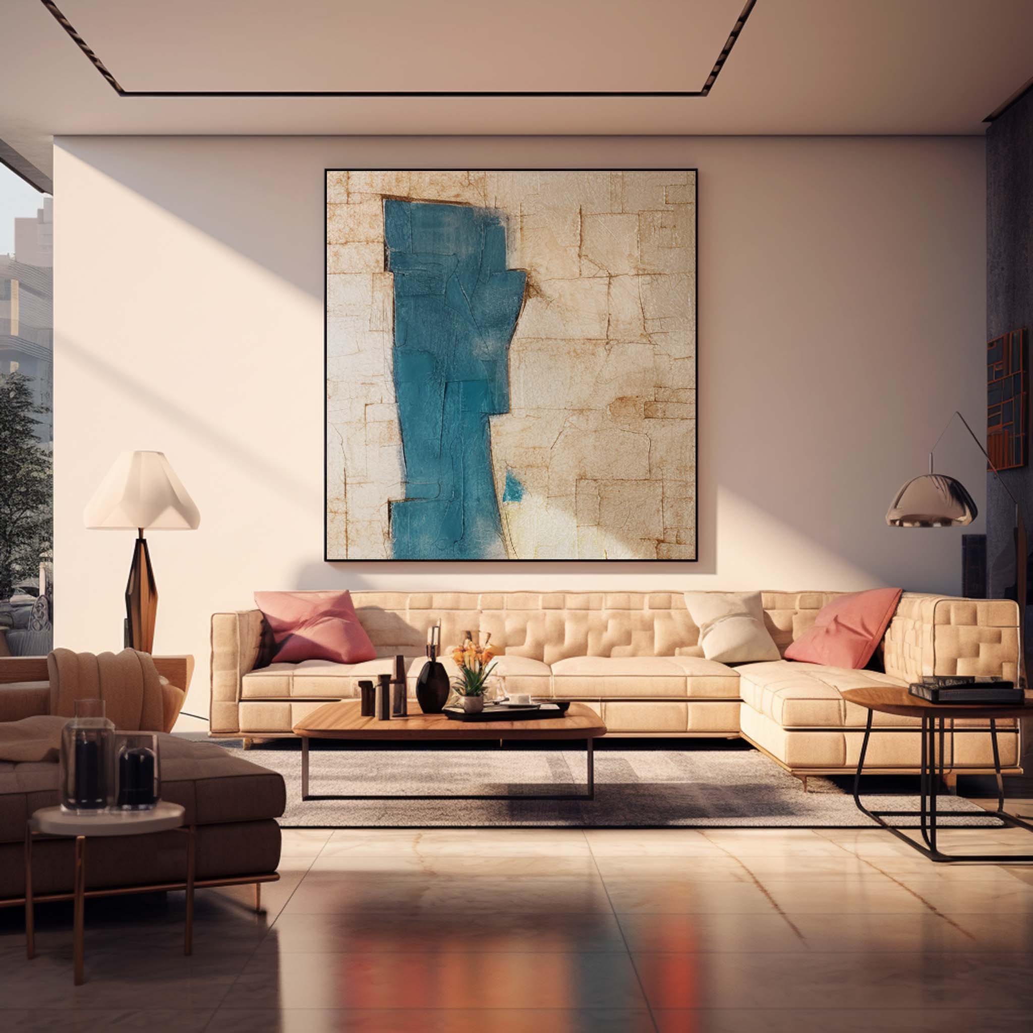 Blue And Beige Large Original Abstract Oil Painting On Canvas Modern Texture Wall Art For Living Room