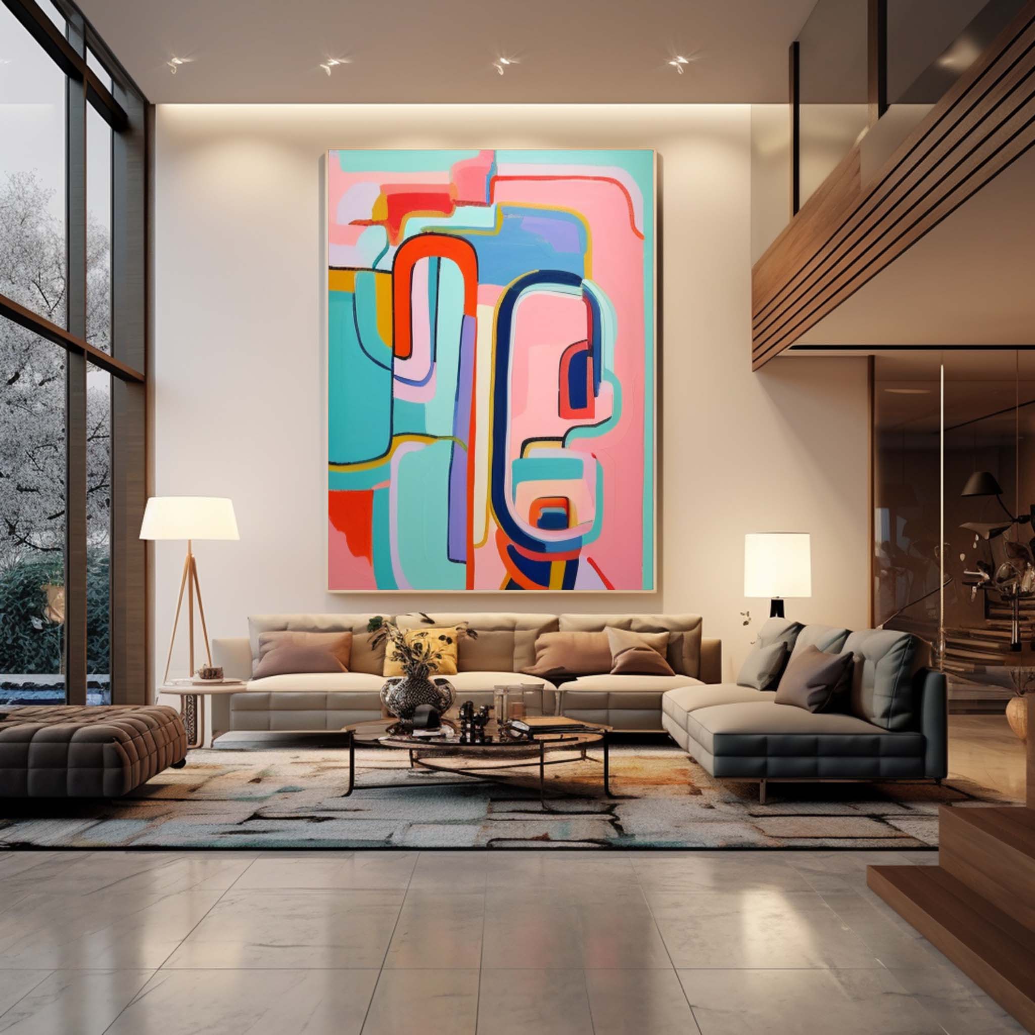 Extra Large Canvas Art Pink Line Original Abstract Oil Painting Modern Wall Art For Living Room