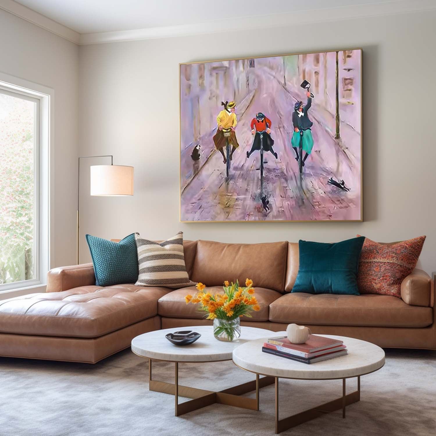 Large woman Rding A Bicycle Wall Art Abstract Oil Painting Original Medieval style Artwork For Living Room