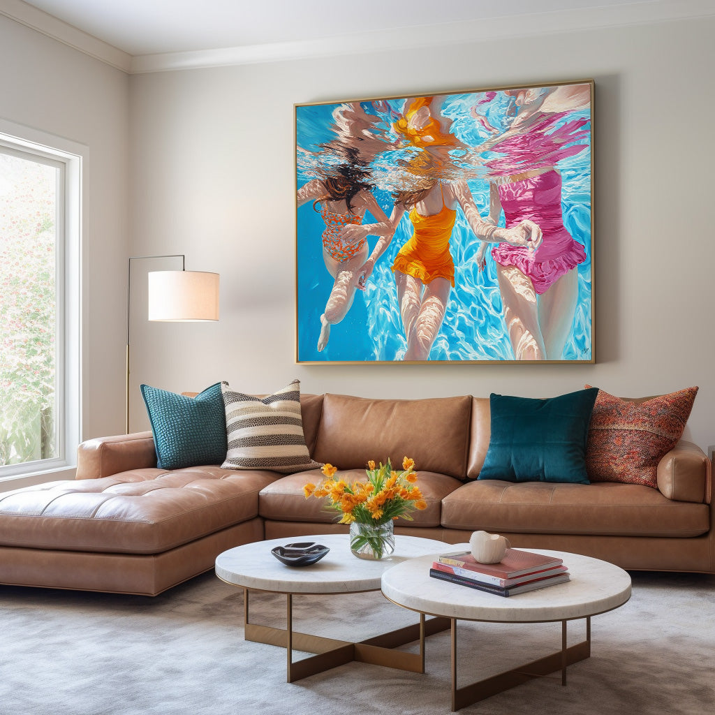 Diving In Ocean Sensual Woman Swimming Wall Art Original Girl Diving Oil Painting Abstract Colorful Artwork