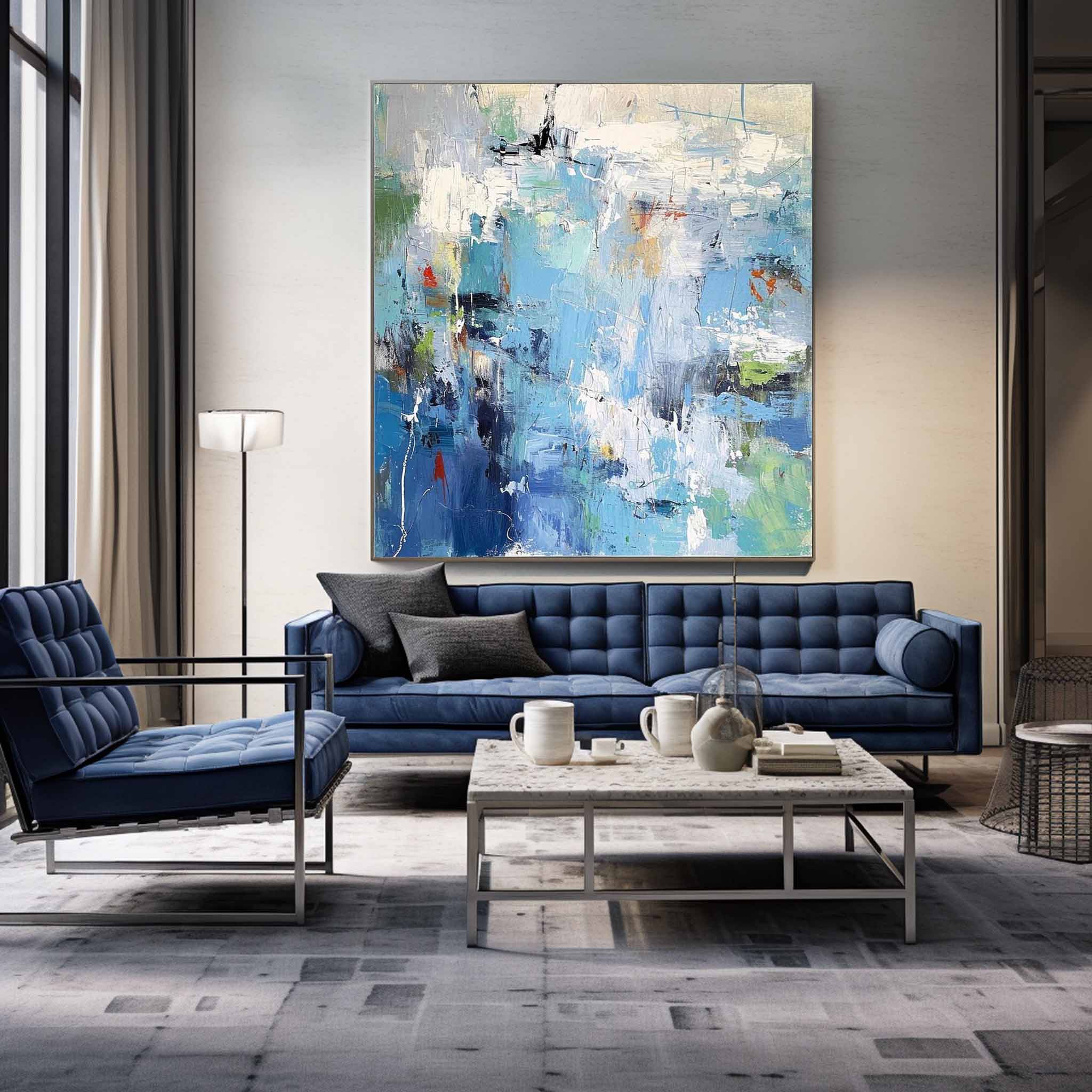 Original Modern Wall Art Square Abstract Texture Oil Painting Blue Large Acrylic Painting On Canvas Home Decor