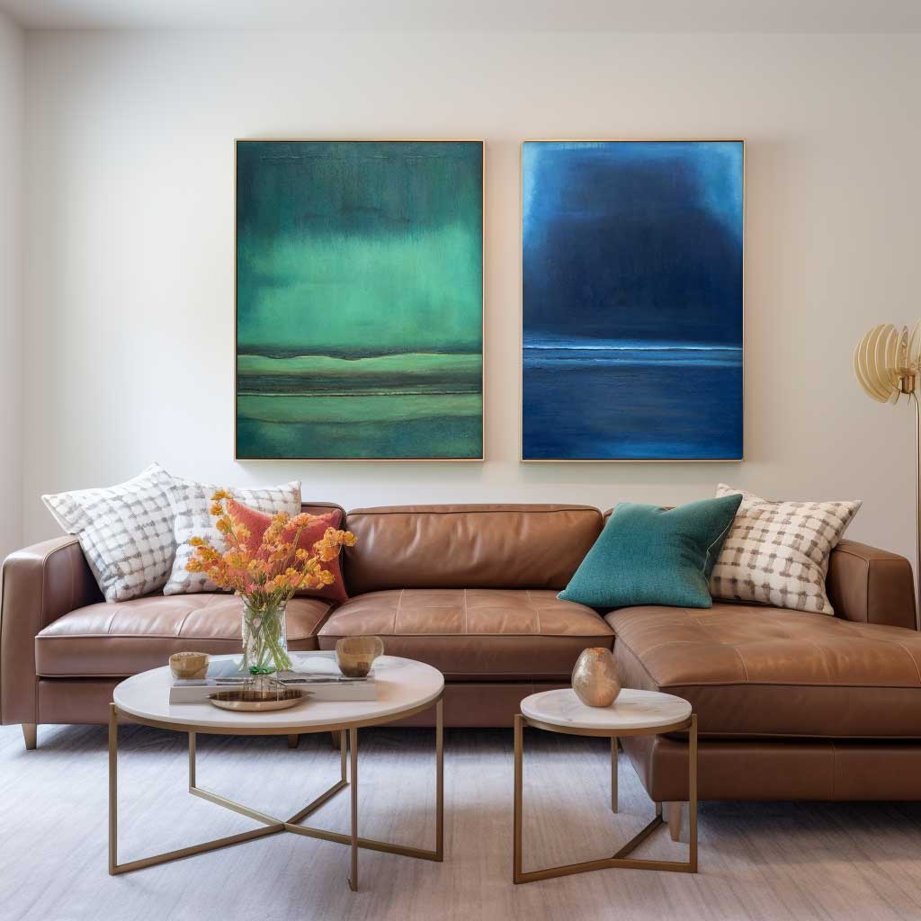 Set of 2 Blue And Green Minimalist Abstract Oil Paintings Contemporary Canvas Wall Art For Living Room