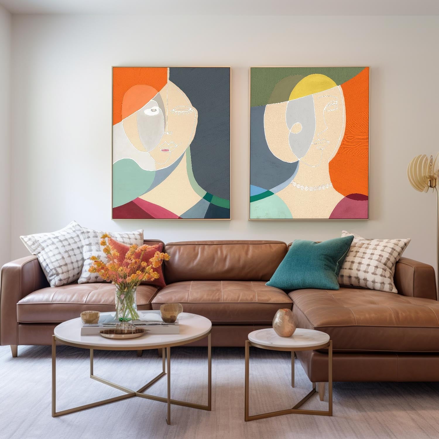 Set of 2 Original Nordic Style Wall Art Minimalism Colorful Abstract Line Artwork Large Figure Painting Gift