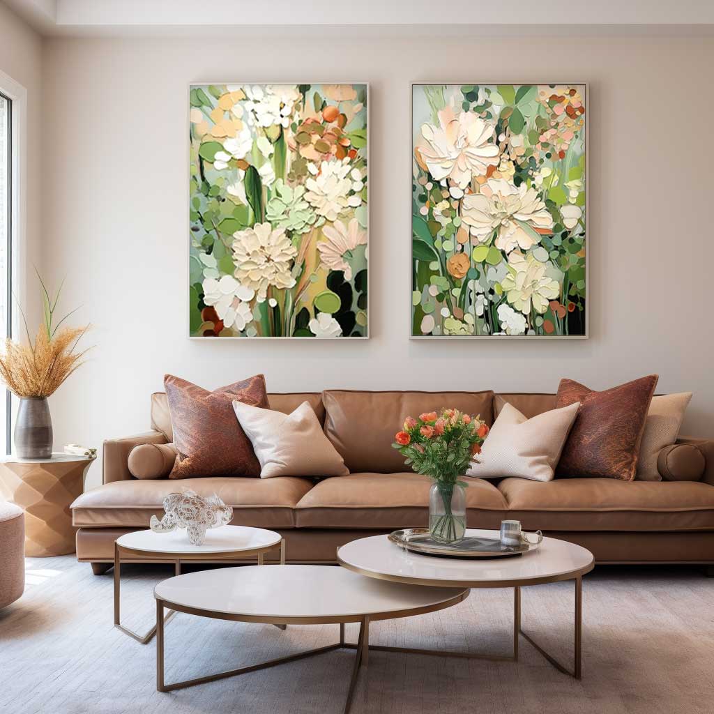 Set of 2 Sage Color Abstract Oil Paintings Contemporary Flower Canvas Wall Art Floral Spring Artwork