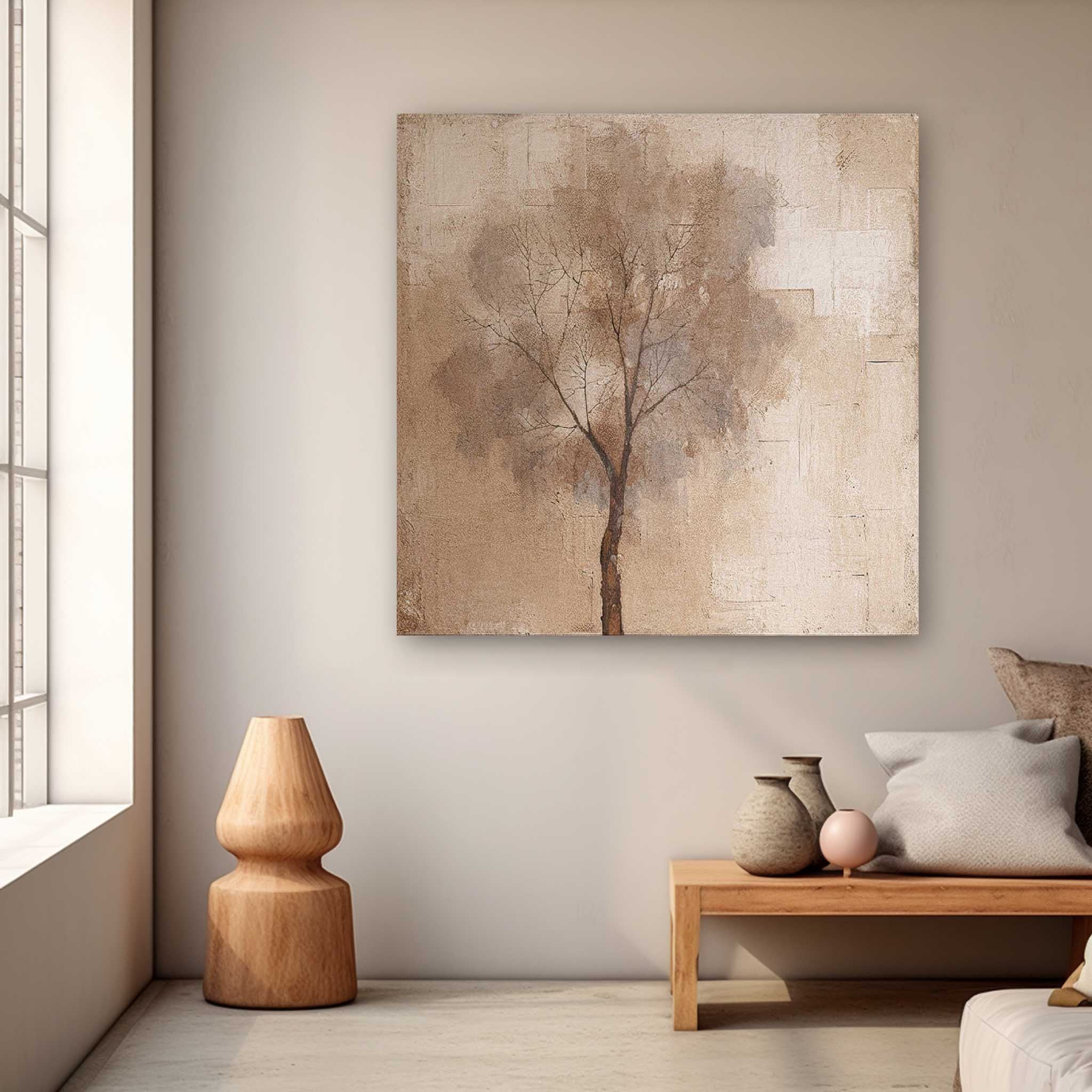 Abstract Ink Tree Art Beige Square Acrylic Painting Canvas Original Painting For Living Room