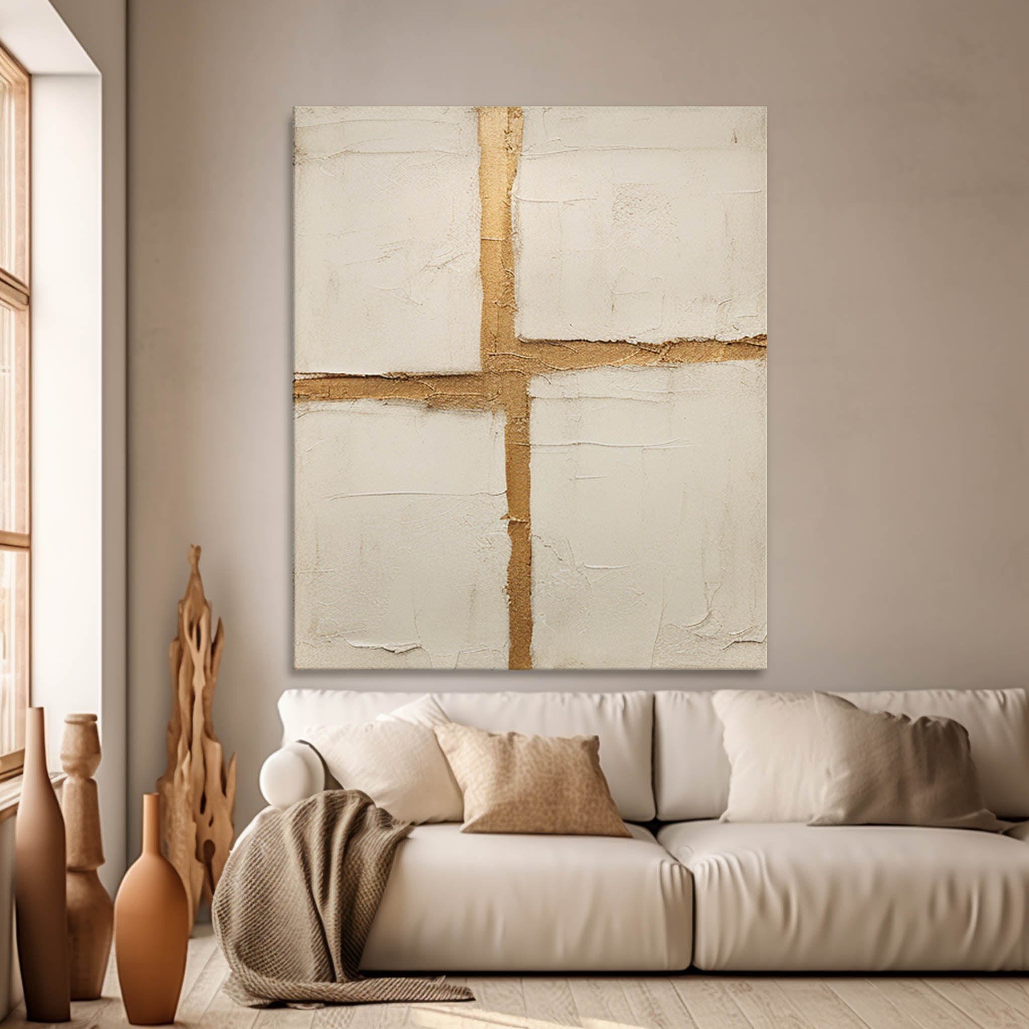 Beige Large Original Abstract Oil Painting On Canvas Modern Gold Cross Texture Wall Art Home Decor