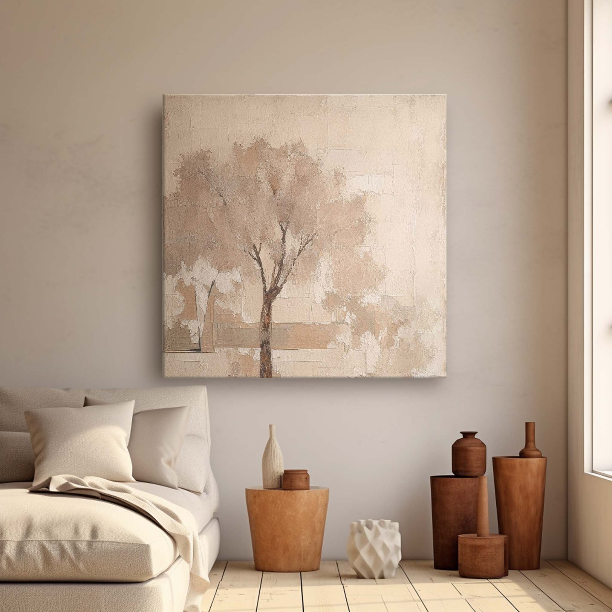 Beige Square Acrylic Painting Canvas Abstract Ink Tree Art Original Painting For Living Room