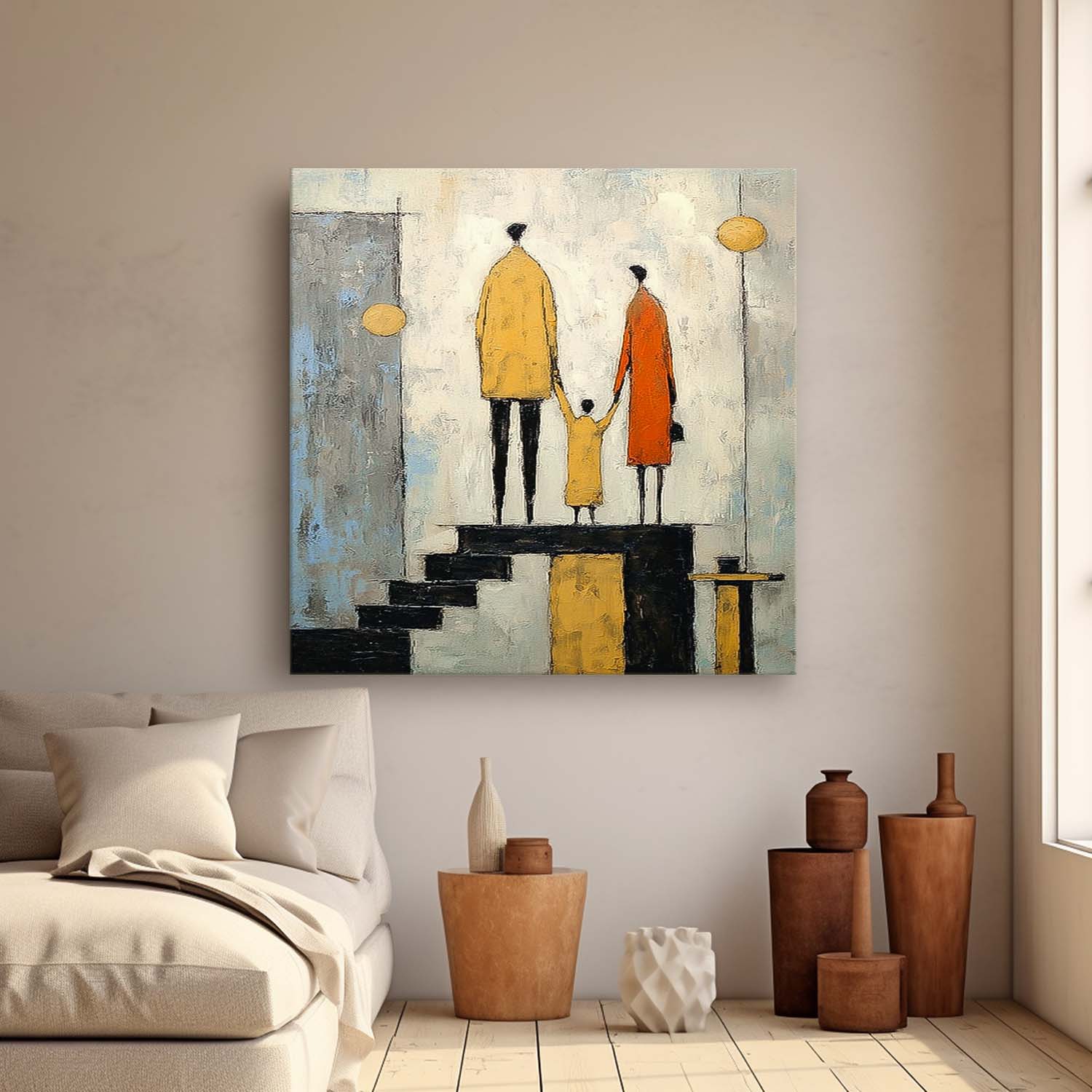 Square Original Neutral Background Oil Painting Minimalist Family Wall Art Modern City Silhouette Home Decor
