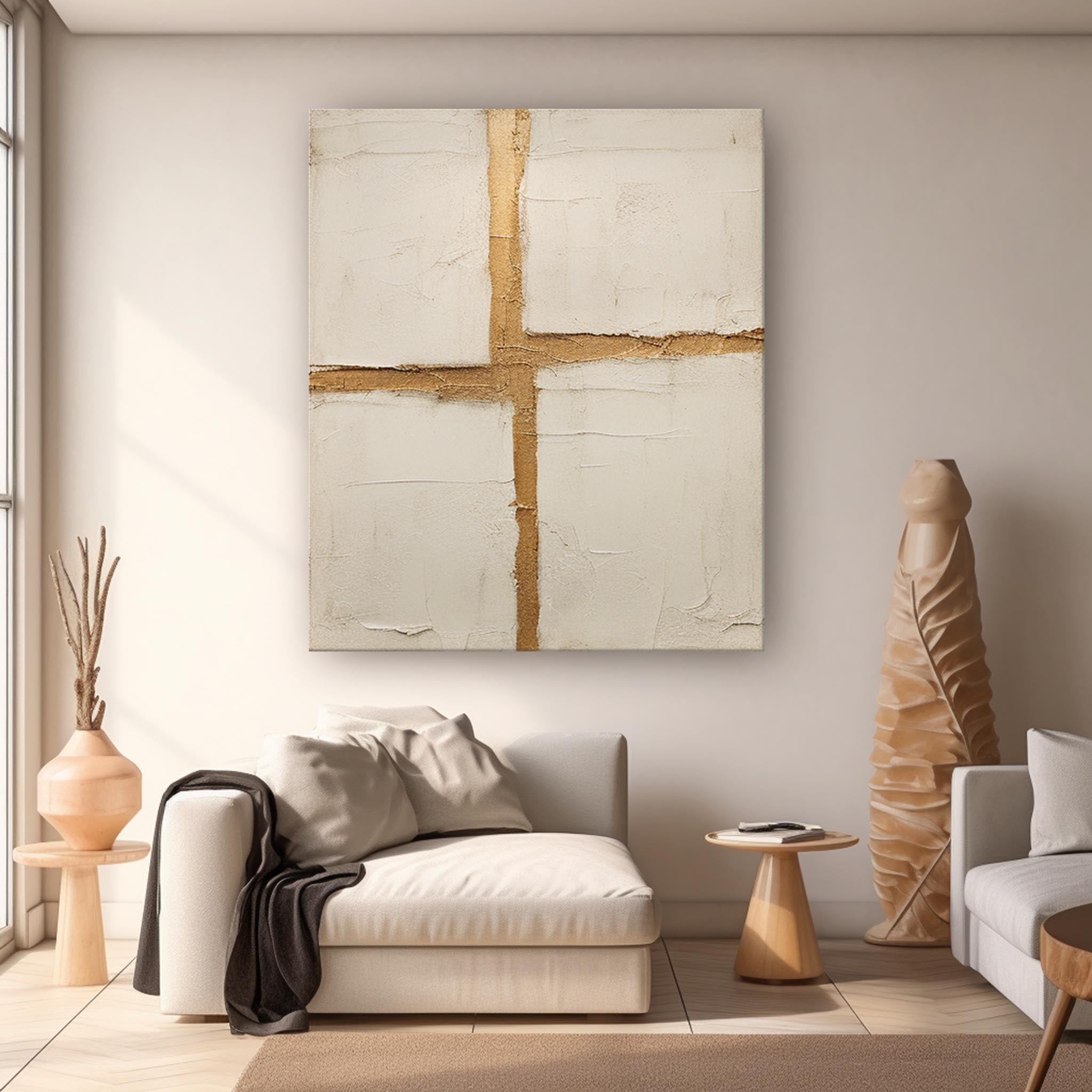 Beige Large Original Abstract Oil Painting On Canvas Modern Gold Cross Texture Wall Art Home Decor