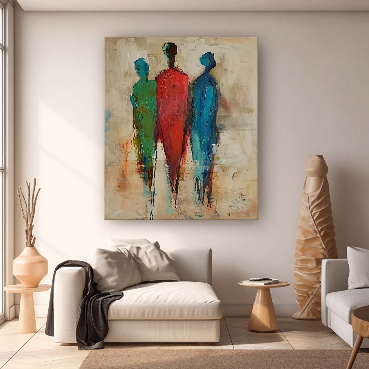 Original Three People Silhouettes Wall Art Large Figure Painting Retro Style Abstract Artwork For Living Room