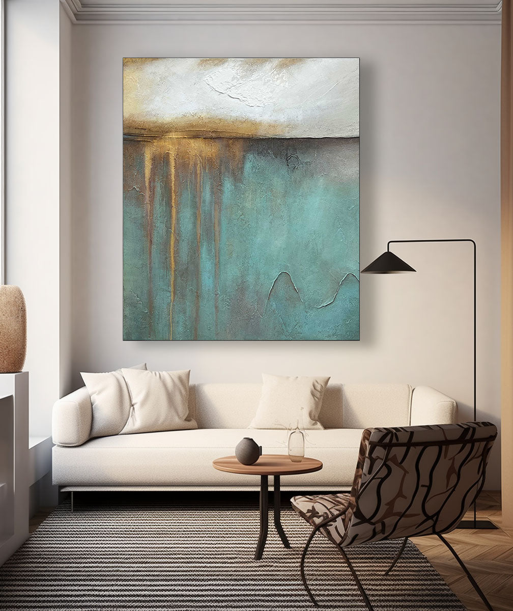 Blue And Gold Modern Wall Art Large Original Texture Abstract Oil Painting On Canvas For Living Room