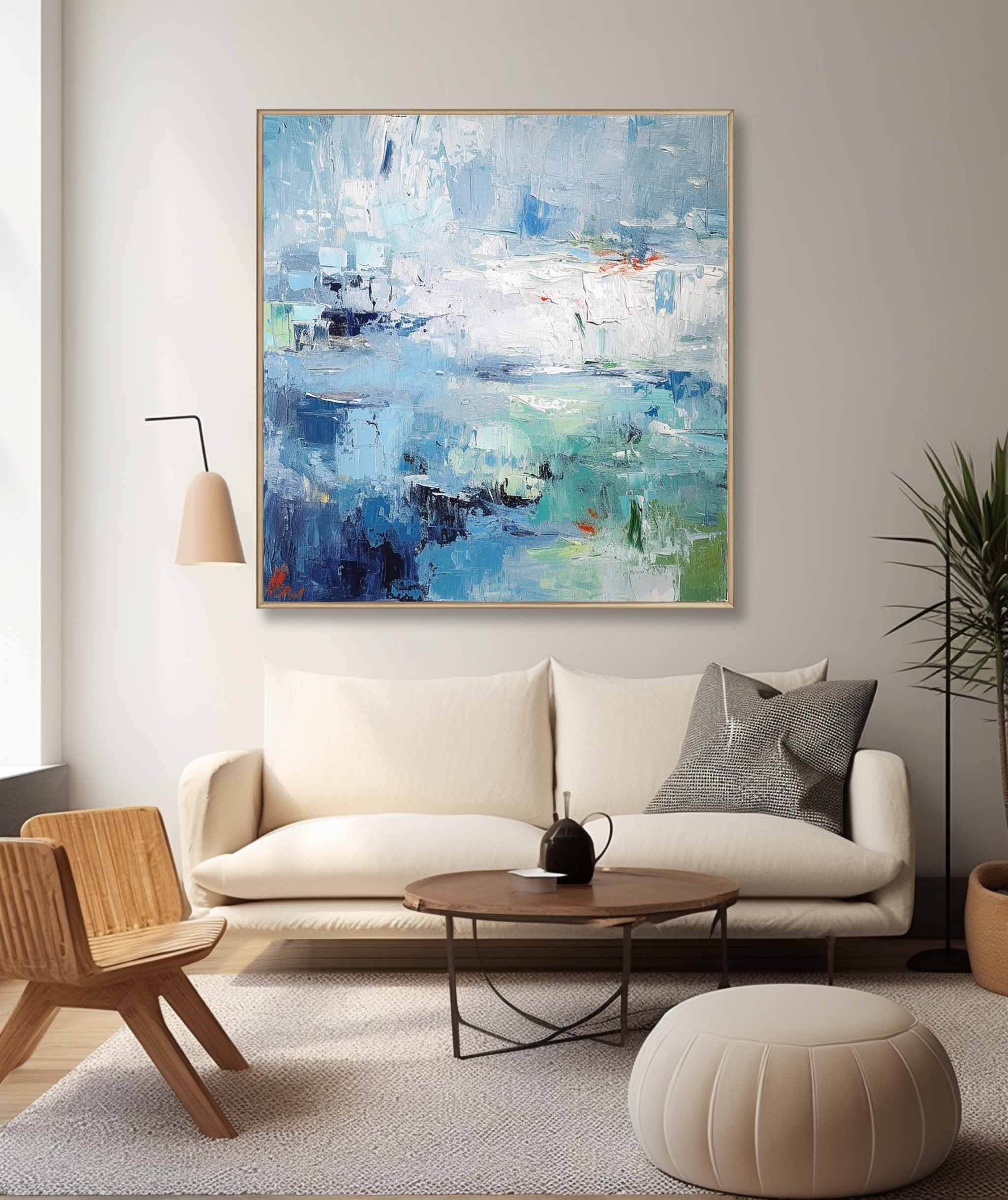 Bright Blue Large Acrylic Painting On Canvas Original Modern Wall Art Square Abstract Texture Oil Painting Home Decor