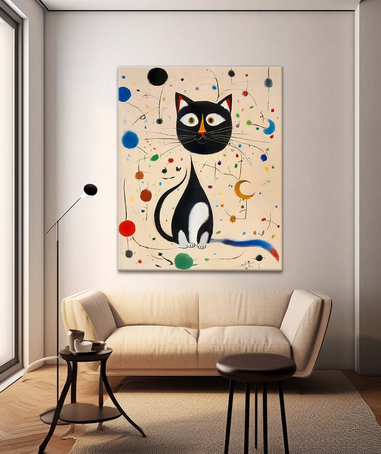 Surreal Joan Miró Style Abstract Cat Oil Painting Large Cat Pop Art Modern Cat Oil Painting Framed Artwork
