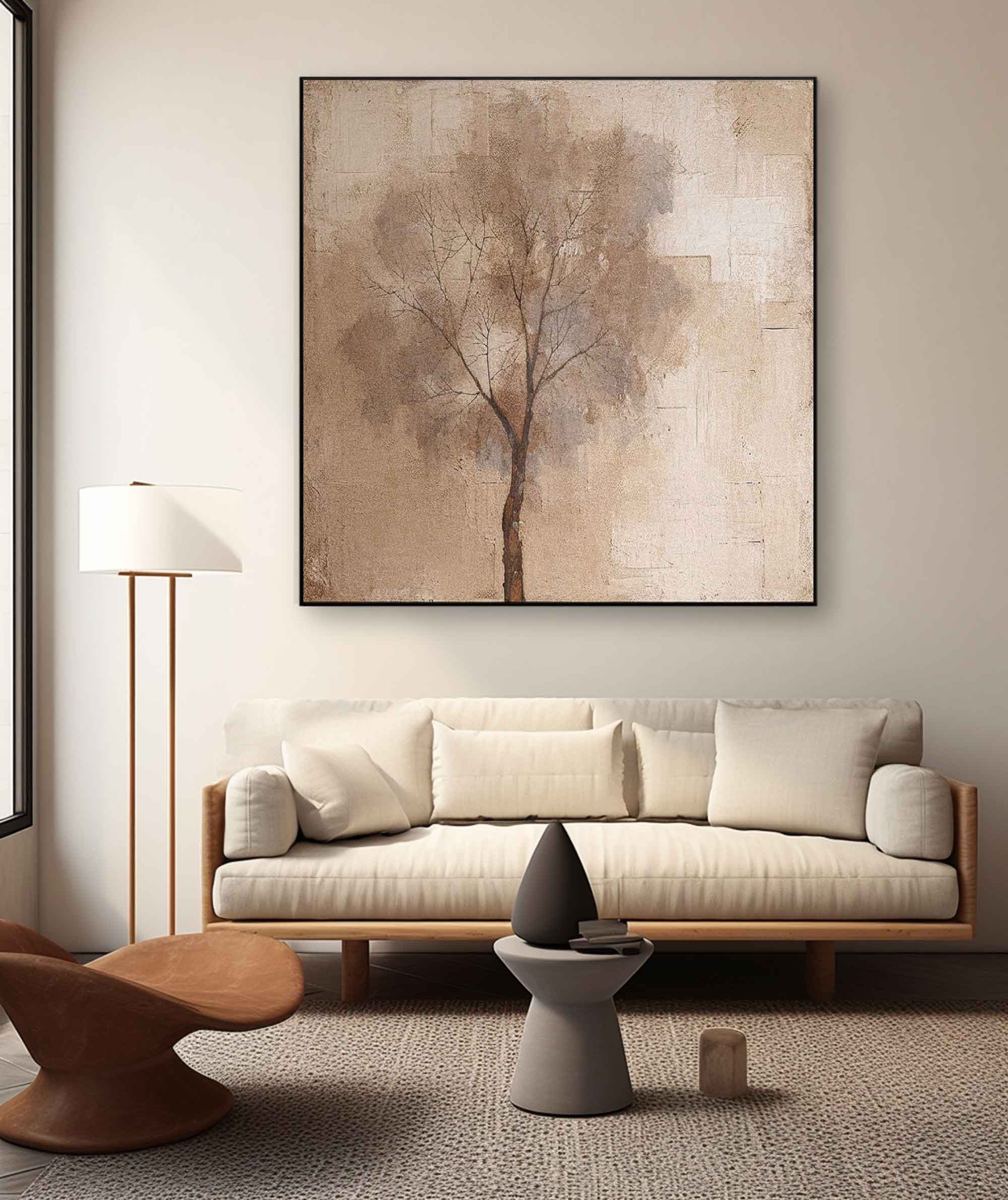 Abstract Ink Tree Art Beige Square Acrylic Painting Canvas Original Painting For Living Room