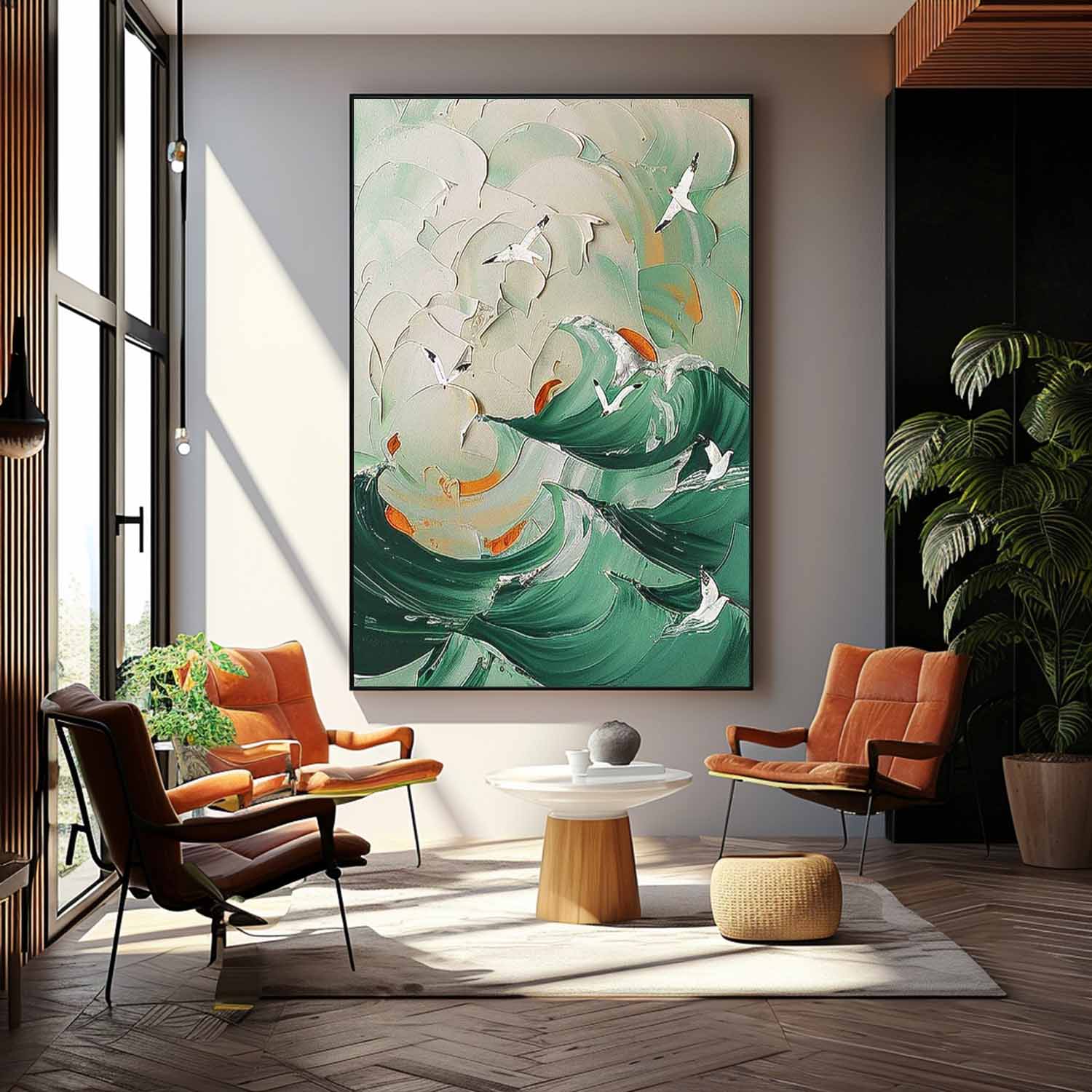 Original Abstract Beach Oil Painting On Canvas Large 3D Green Ocean Wall Art Seagull Artwork Decor