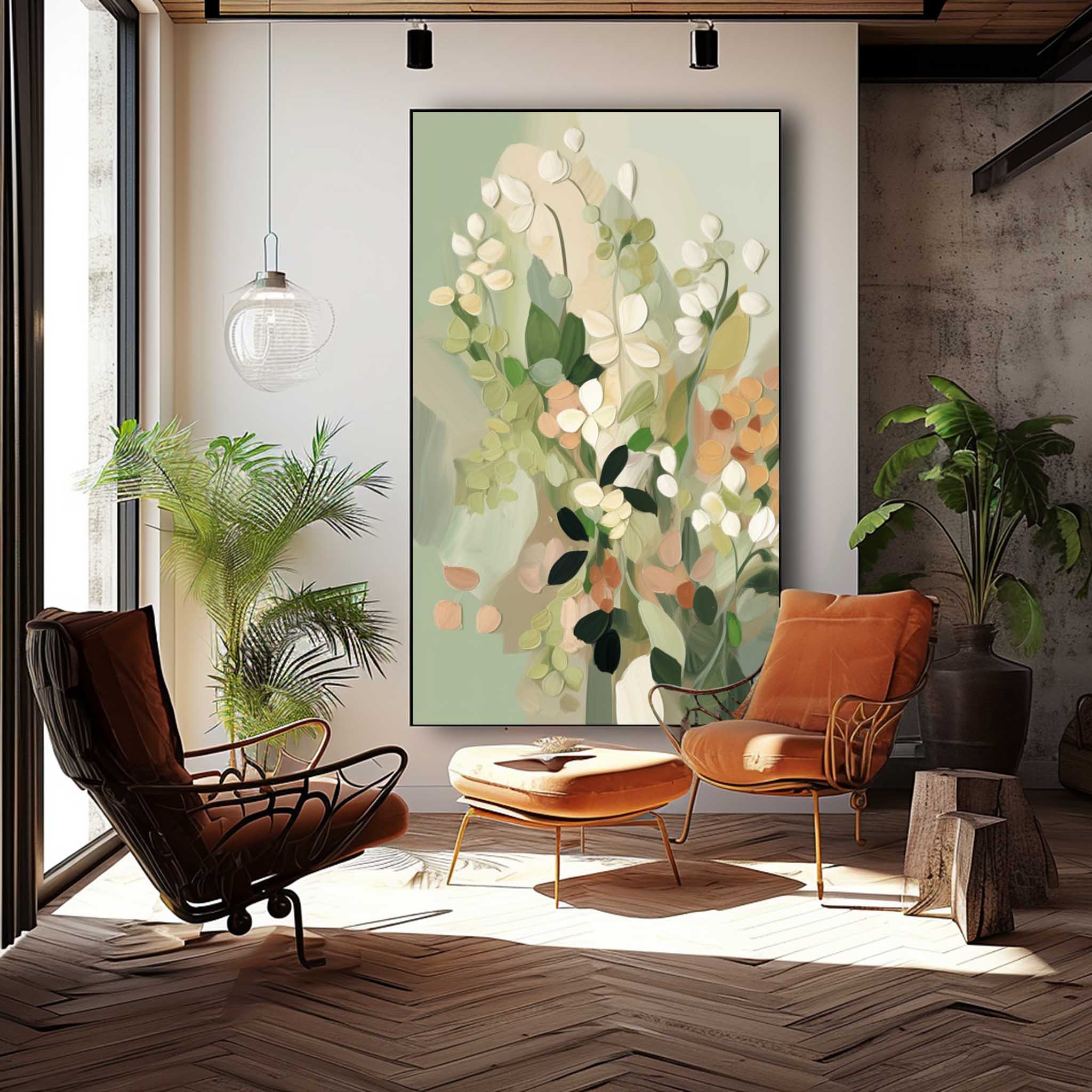 Texture Vibrant Green Long Version Large Abstract Oil Painting Original Flower Wall Art For Living Room