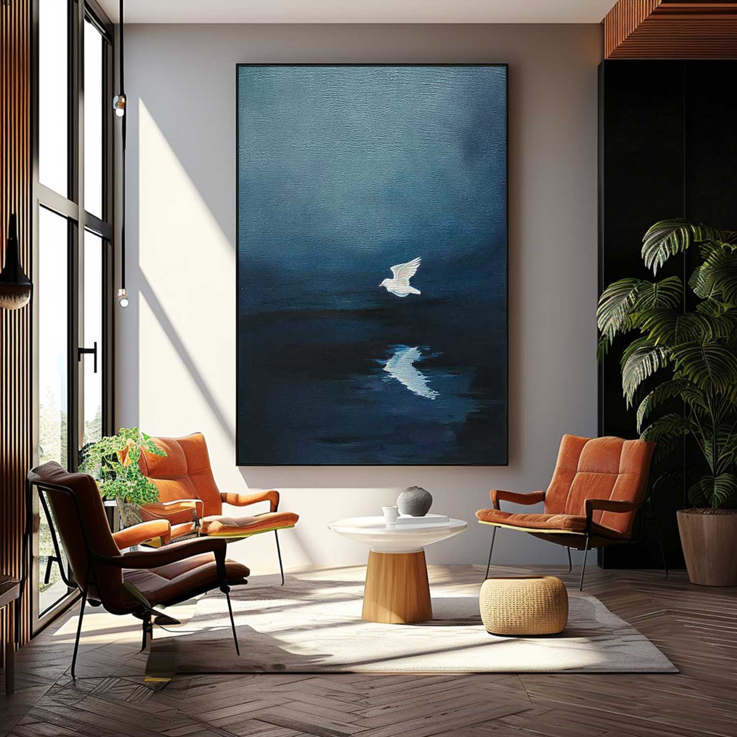 Large Blue Lake Surface Wall Art Minimalist Pigeon Abstract Canvas Oil Painting Original Hand-Painted Artwork