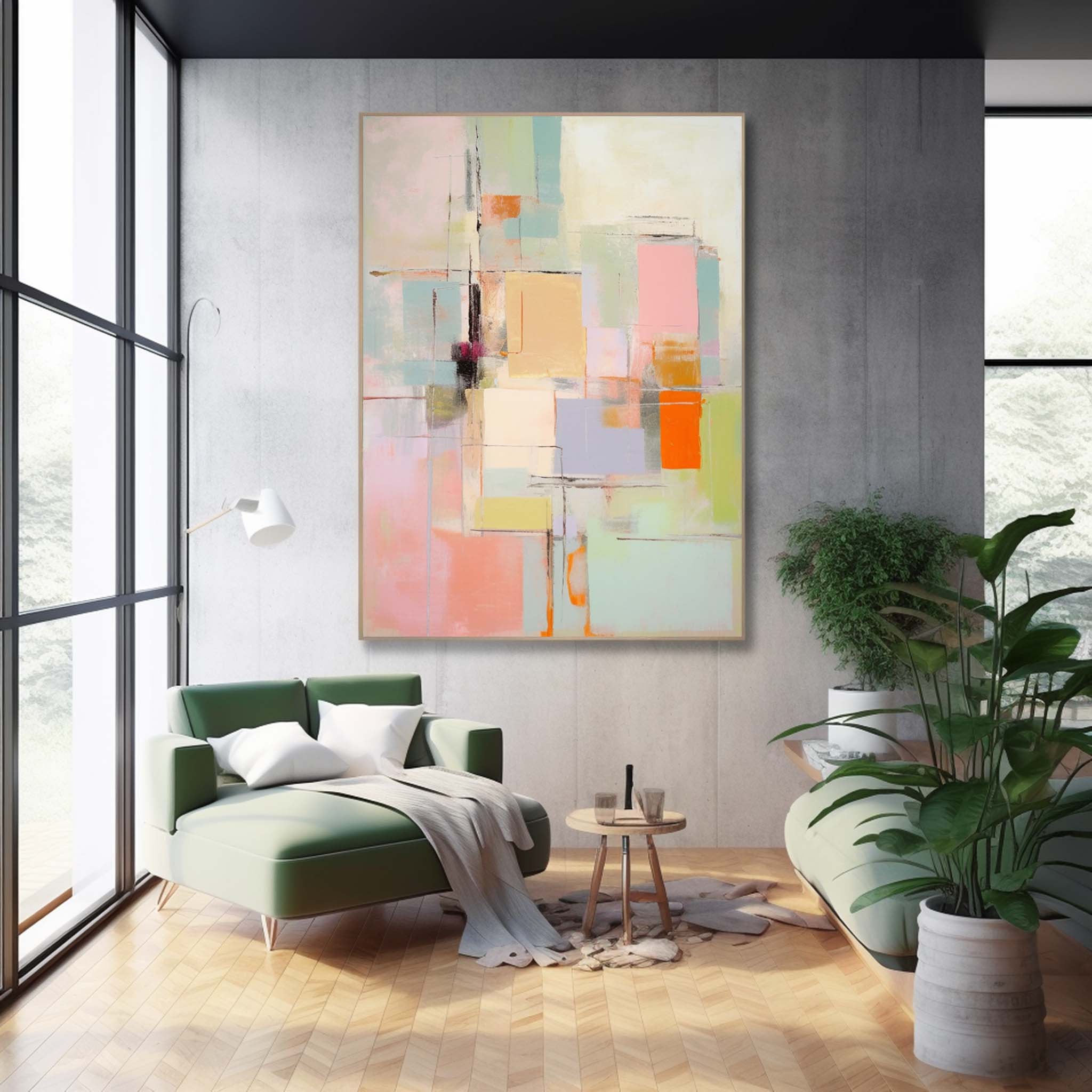 Vibrant colorful Large Original Abstract Oil Painting On Canvas Modern Geometry Texture Wall Art For Living Room