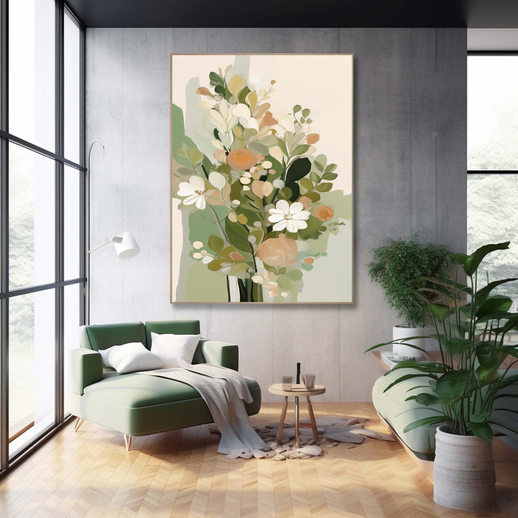 Large Textured Modern Floral Oil Painting On Canvas Home Warm Green Floral Acrylic Painting Original Flower Wall Art Decor