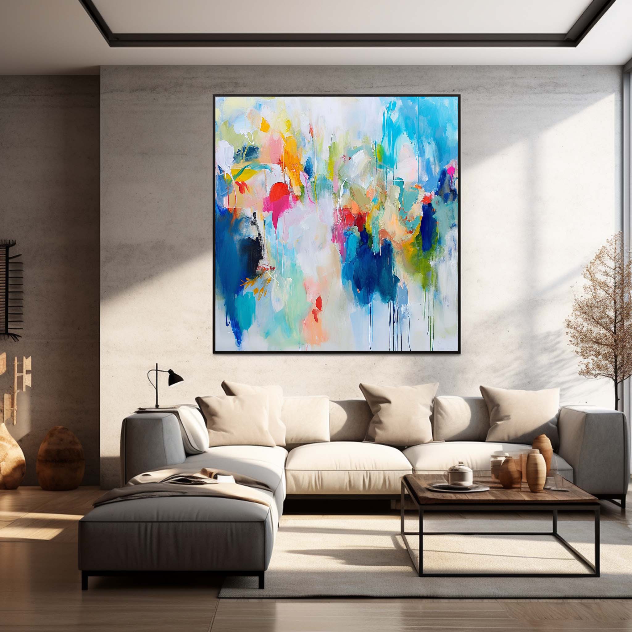 Colorful Original Hand Painted Wall Art Square Abstract Fine Art Canvas Contemporary Abstract Art For Sale