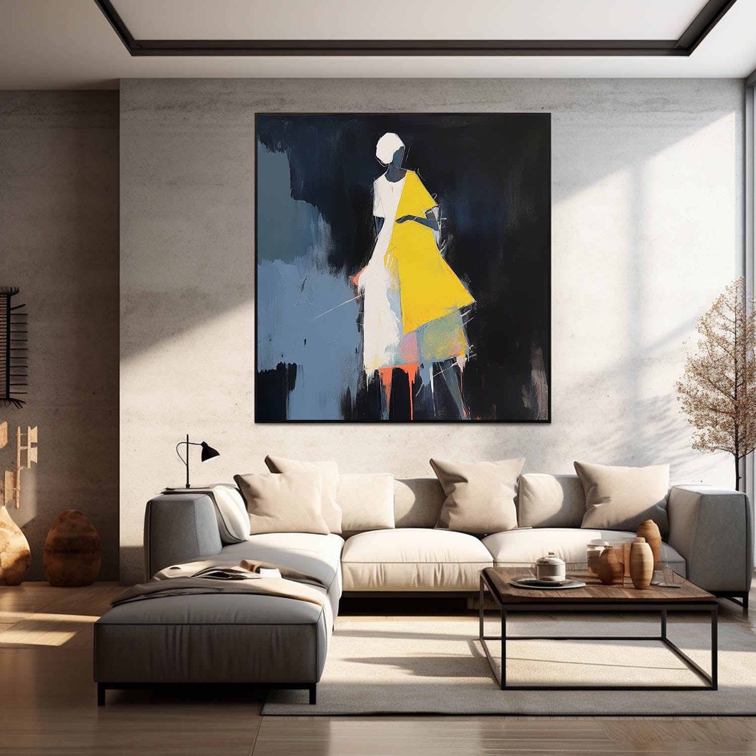 Black And Yellow Abstract people's Wall Art Original Character Outline Painting Canvas Large Square Artwork