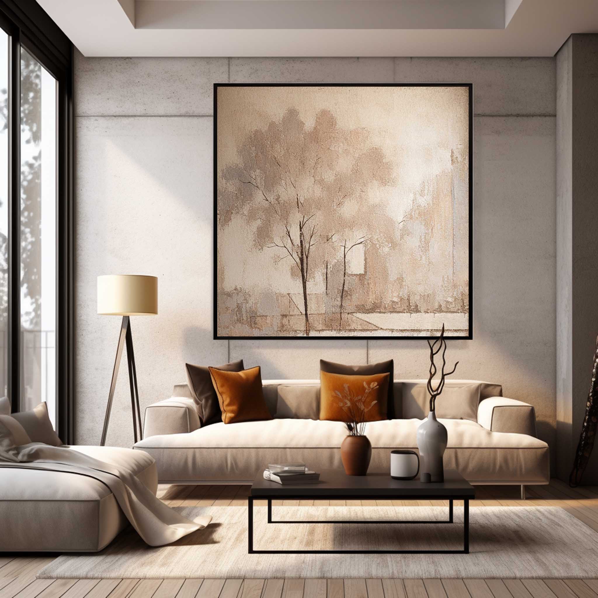 Original watercolor Painting Abstract Ink Tree Art Beige Square Acrylic Painting Canvas For Living Room