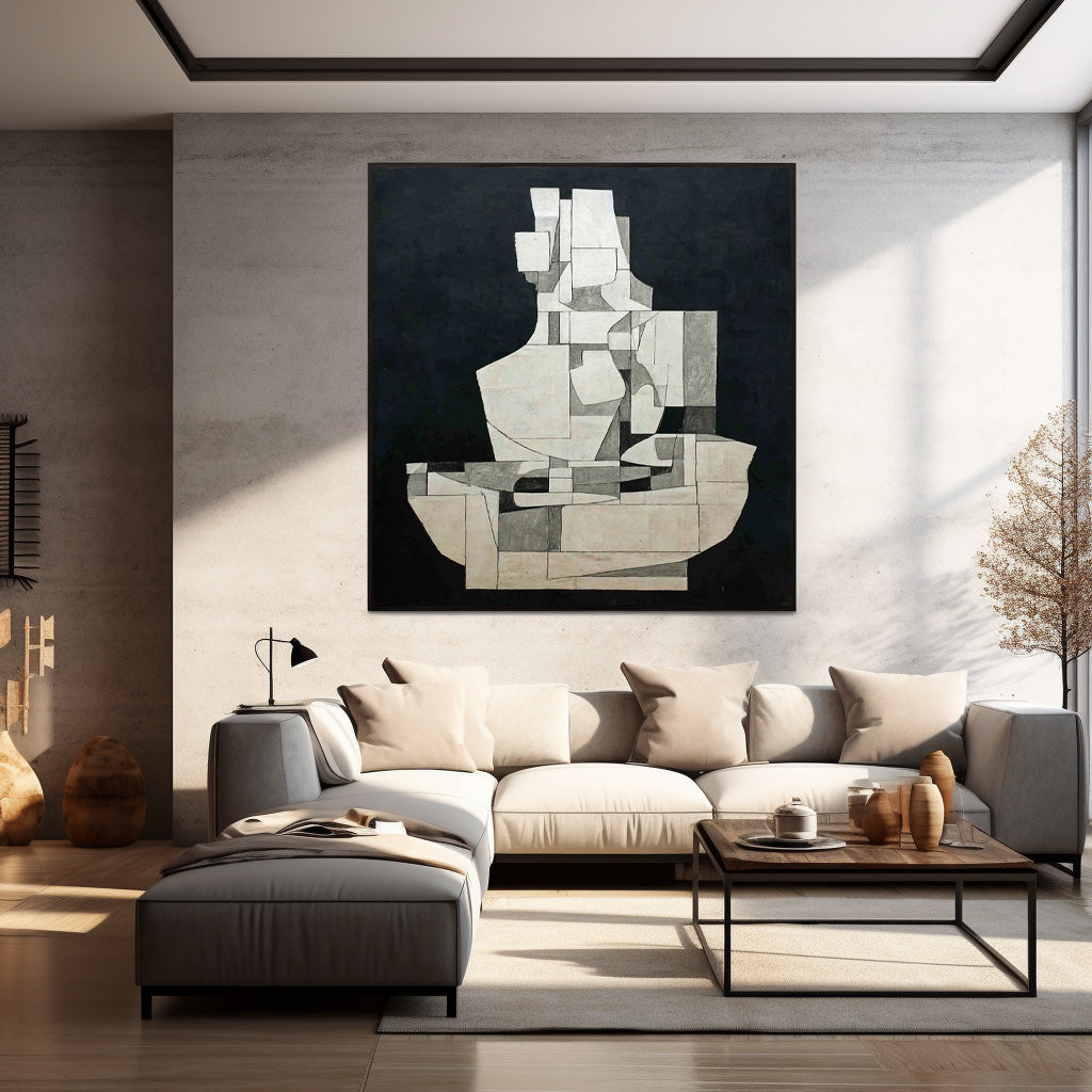 Abstract Geometric Black White Canvas Painting Minimalist Wall Art Modern Decor For Interior Design