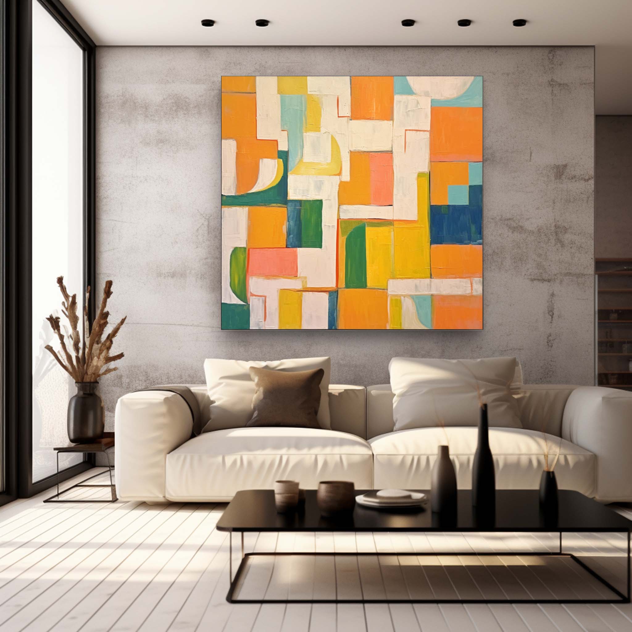 Square Abstract Geometry Oil Painting Bright Yellow Large Texture Canvas Original Modern Wall Art Home Decor