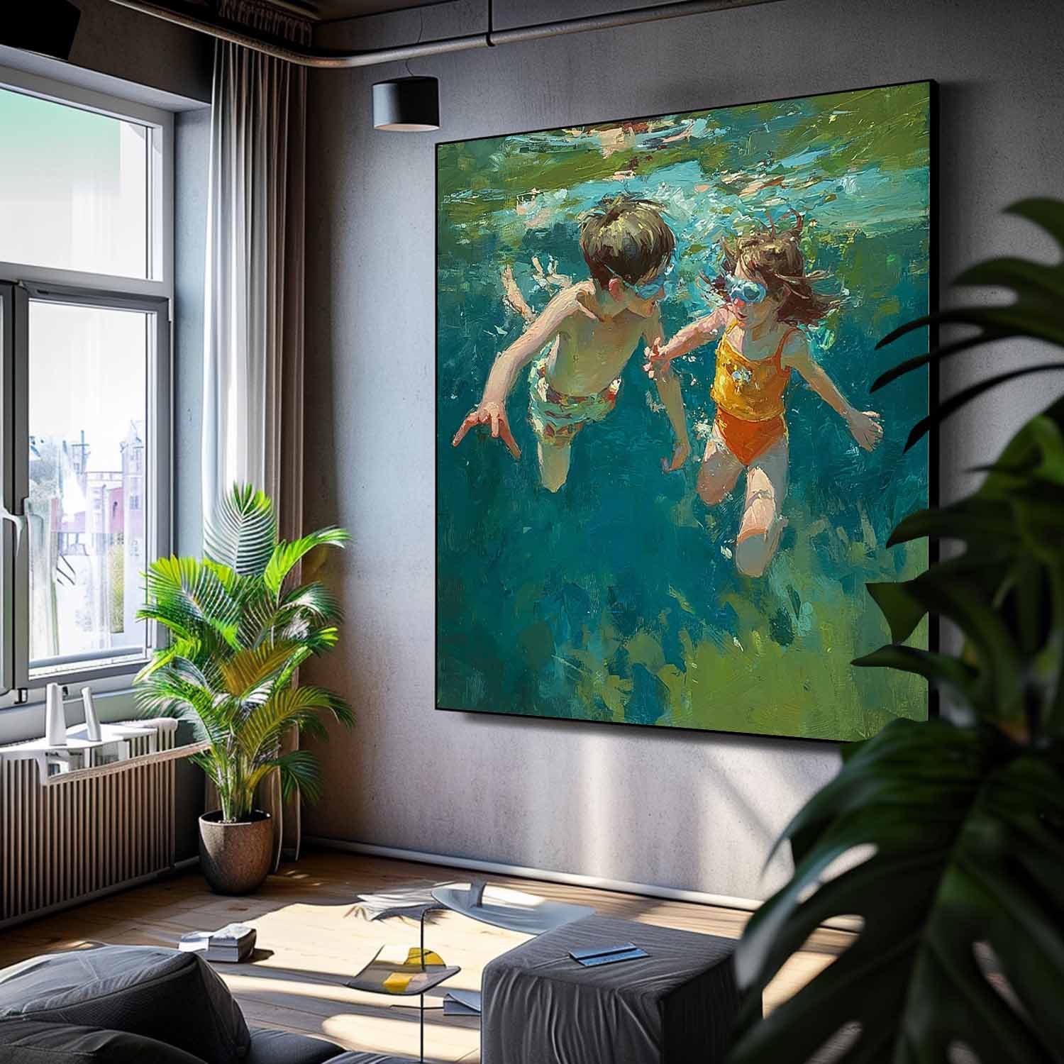 Square Diving In Ocean Acrylic Painting Two Children Artwork Original Child swimming Wall Art For Living Room