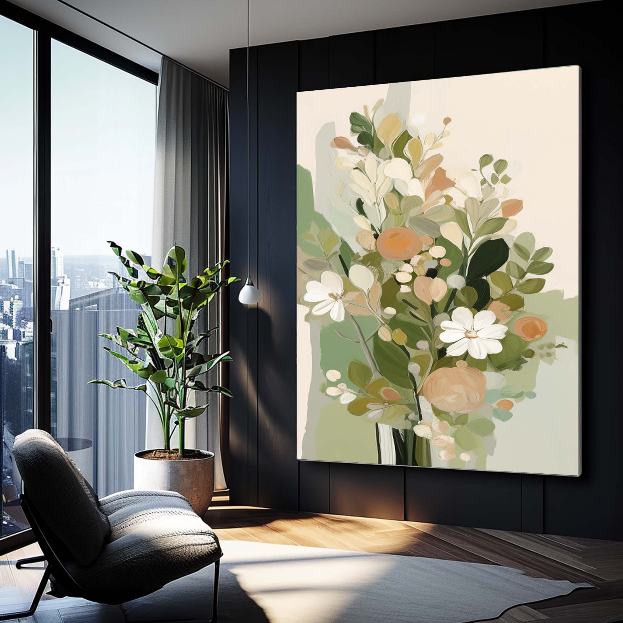 Large Textured Modern Floral Oil Painting On Canvas Home Warm Green Floral Acrylic Painting Original Flower Wall Art Decor