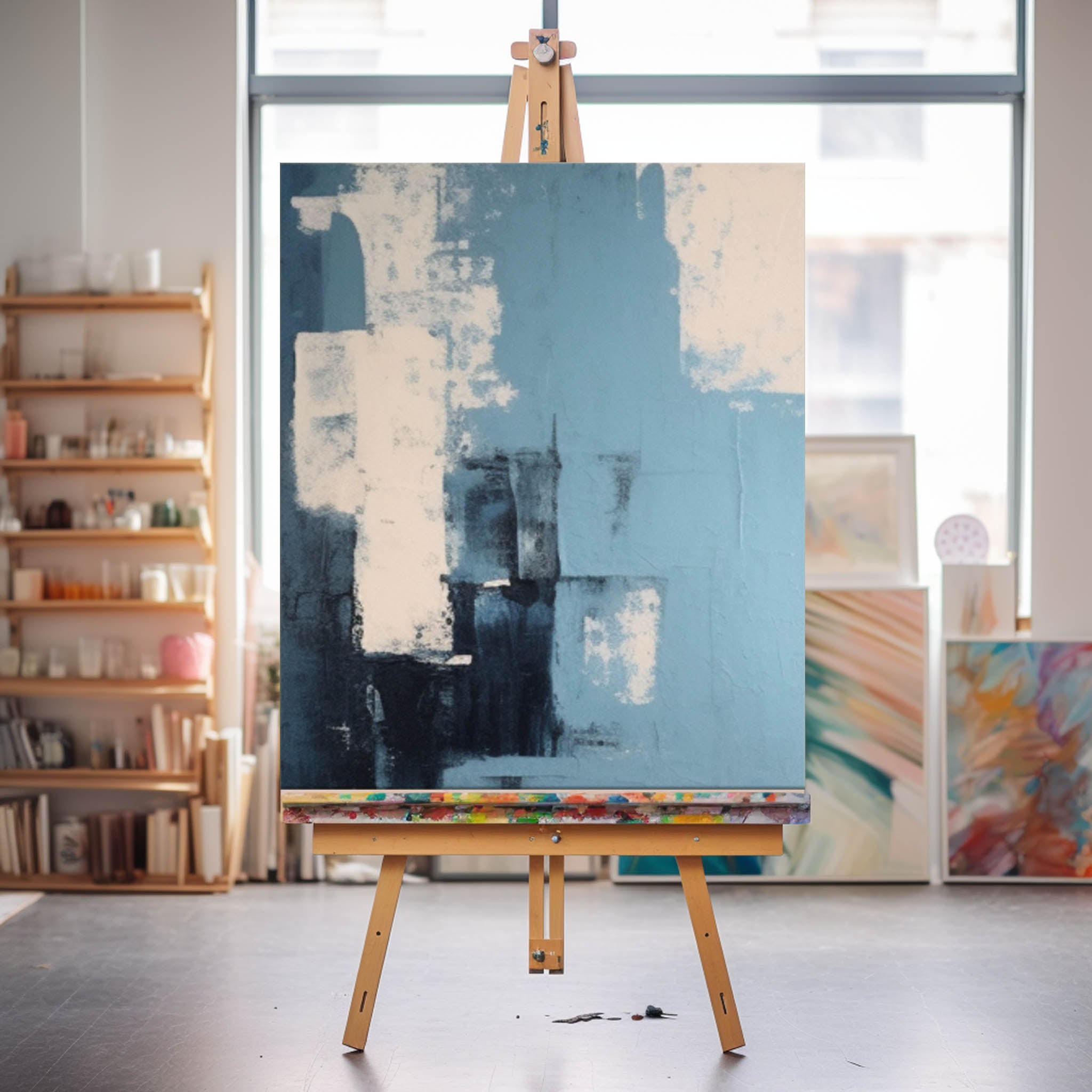 Large Original Abstract Oil Painting On Canvas Blue Modern Texture Wall Art For Living Room