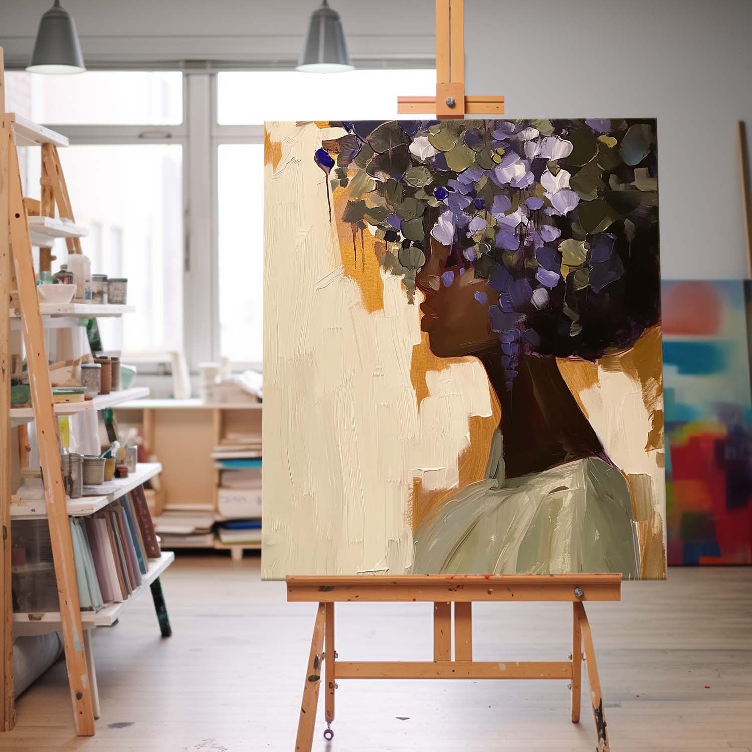 Contemporary Black Female And Flower Wall Art African American Woman Painting Black Girl Flower Art
