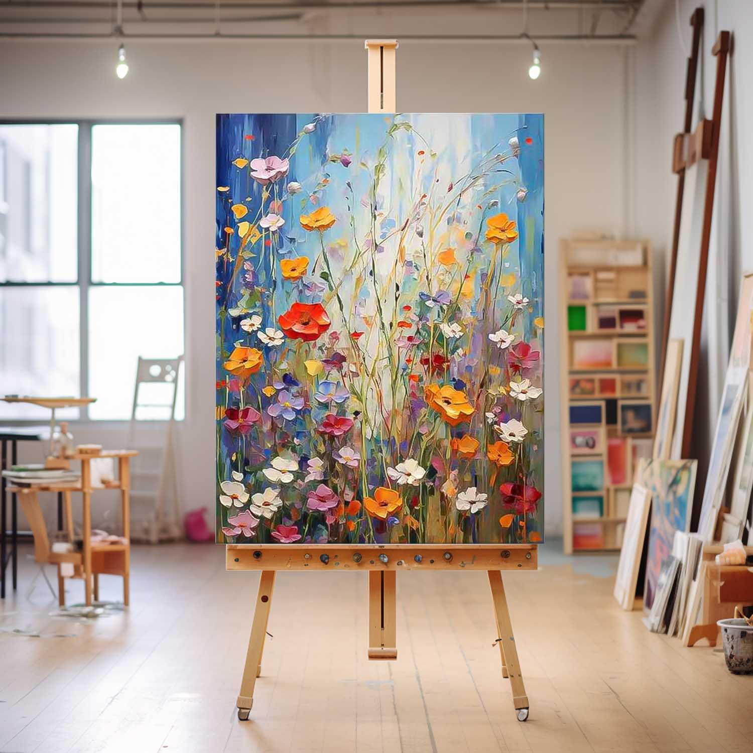 Color Floral Textured Abstract Acrylic Wall Art Custom Impasto Painting On Canvas Framed For Sale