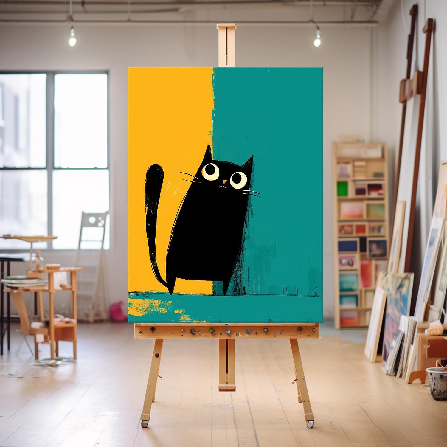 Vibrant Yellow And Green Oil Painting Modern Black Cat Animal Oil Painting Impressionist Kitty Wall Art