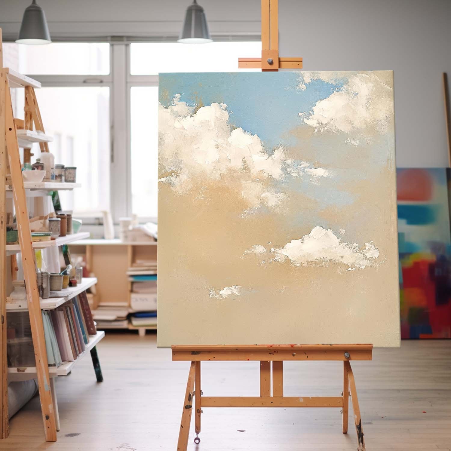 Large Cloud Painting On Canvas Abstract Cloud Oil Painting Warm Yellow Cloudiness Texture For Living Room