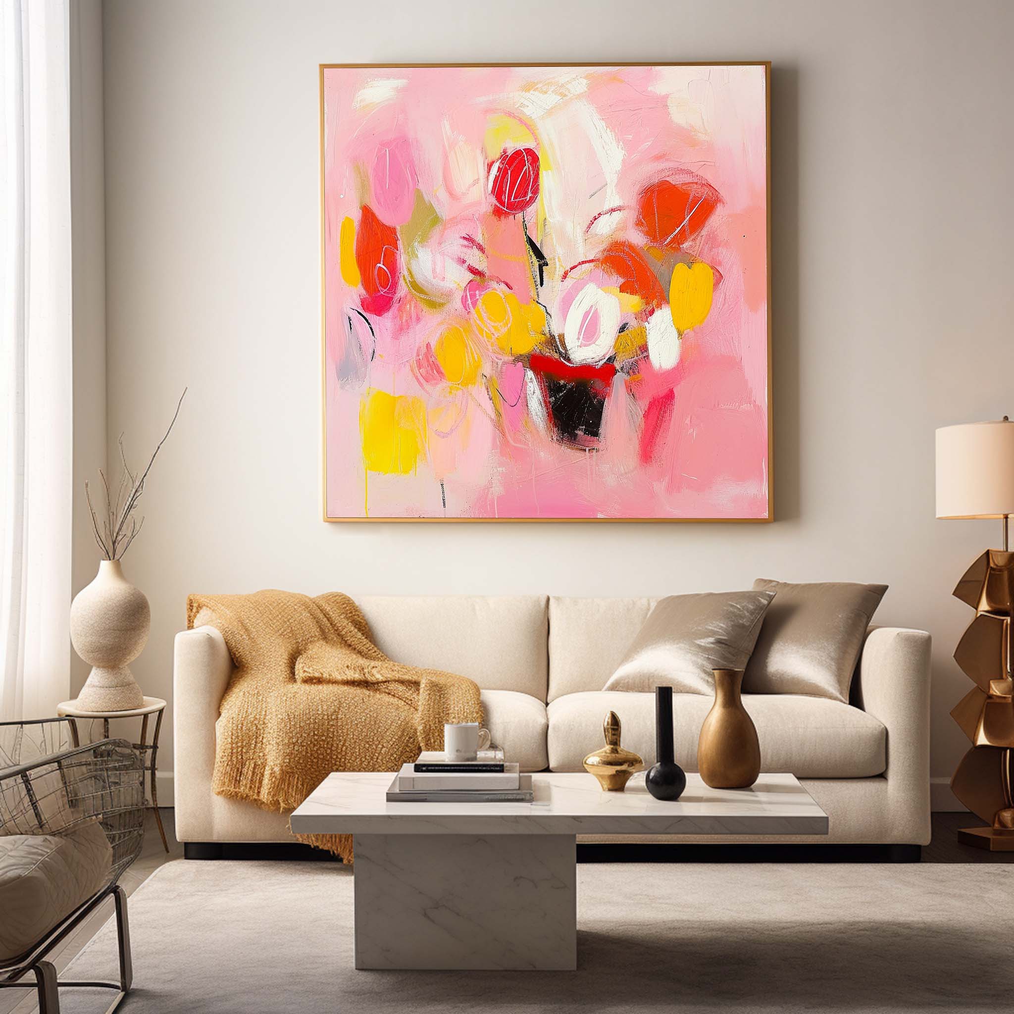 Square Abstract Graffiti Oil Painting Bright Pink Large Acrylic Painting Canvas Original Modern Wall Art For Living Room