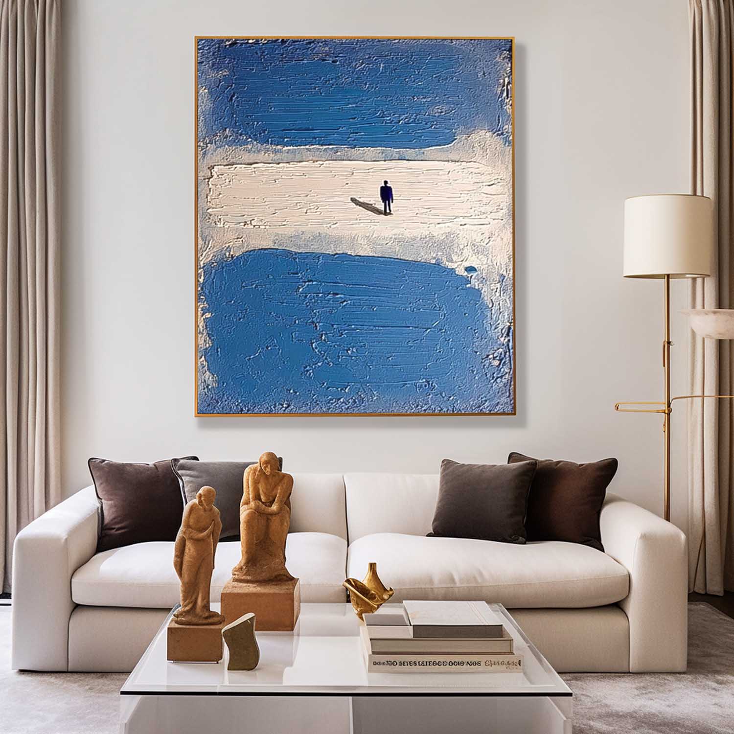 Original Lonely Back People Oil Painting Large Blue Minimalism Wall Art Abstract Figures Artwork Decor