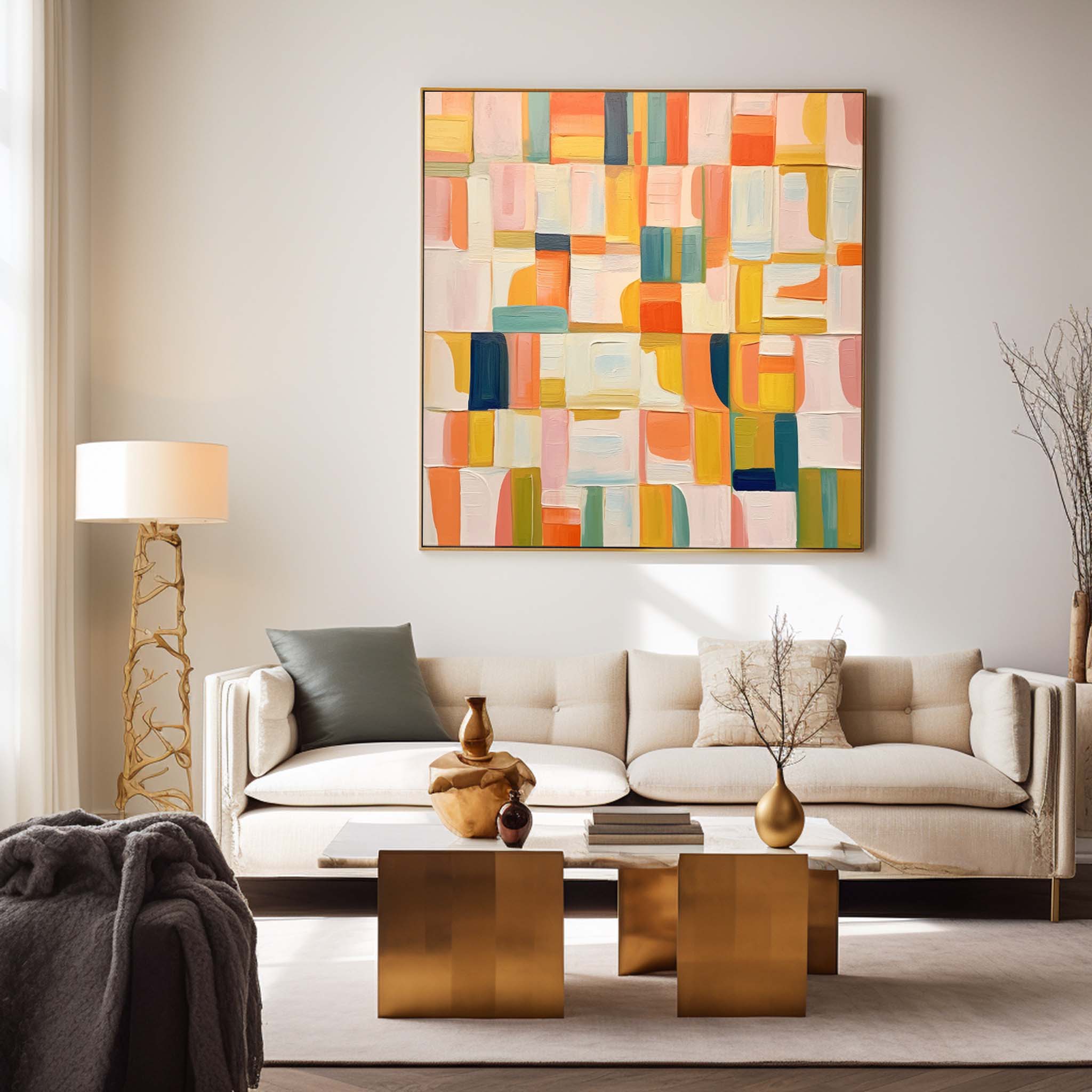 Square Abstract Geometry Oil Painting Bright Yellow Large Acrylic Painting Canvas Original Modern Wall Art For Living Room