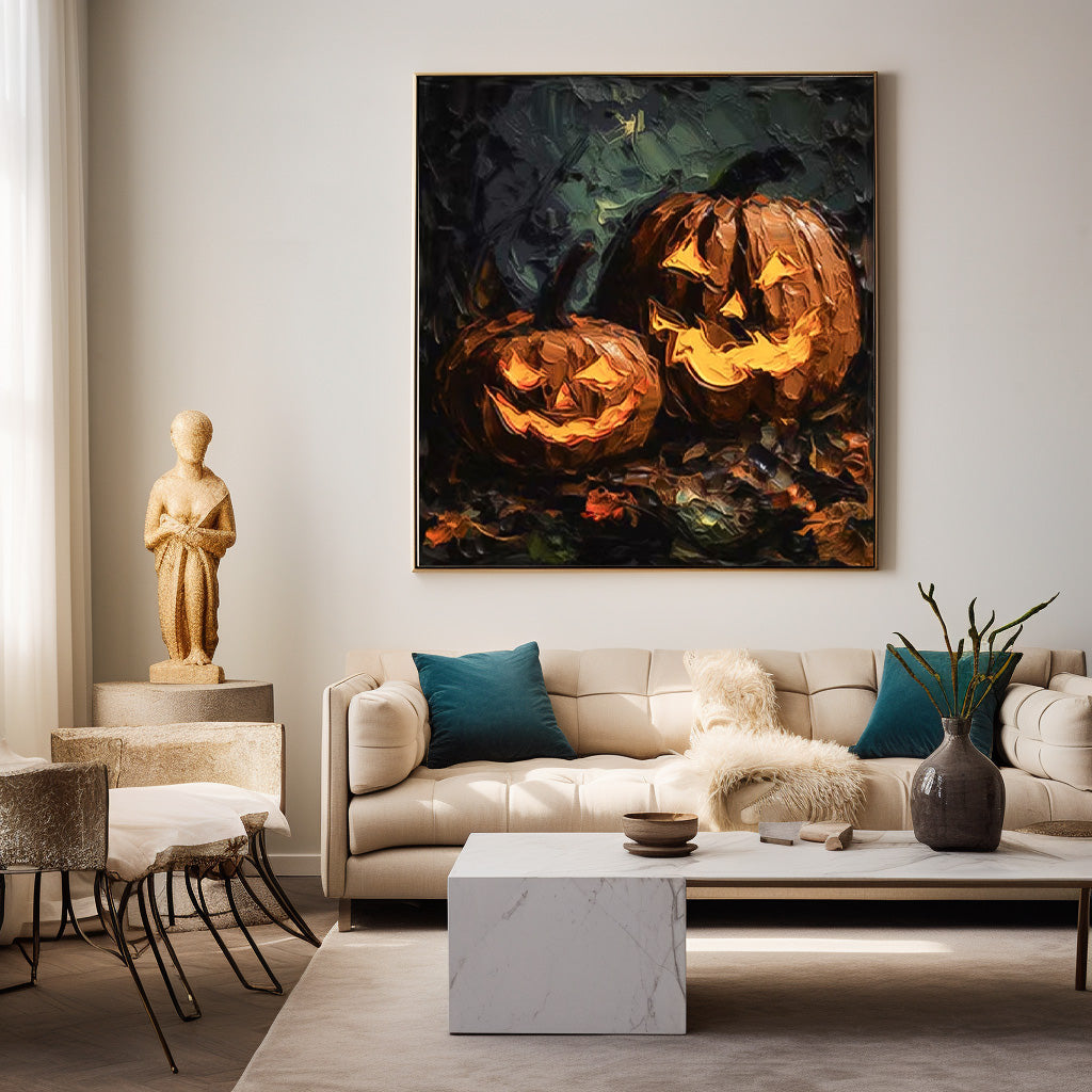 Large Pumpkin Head Square Texture Abstract Wall Art Framed Modern Abstract Canvas Painting Holiday Decorations