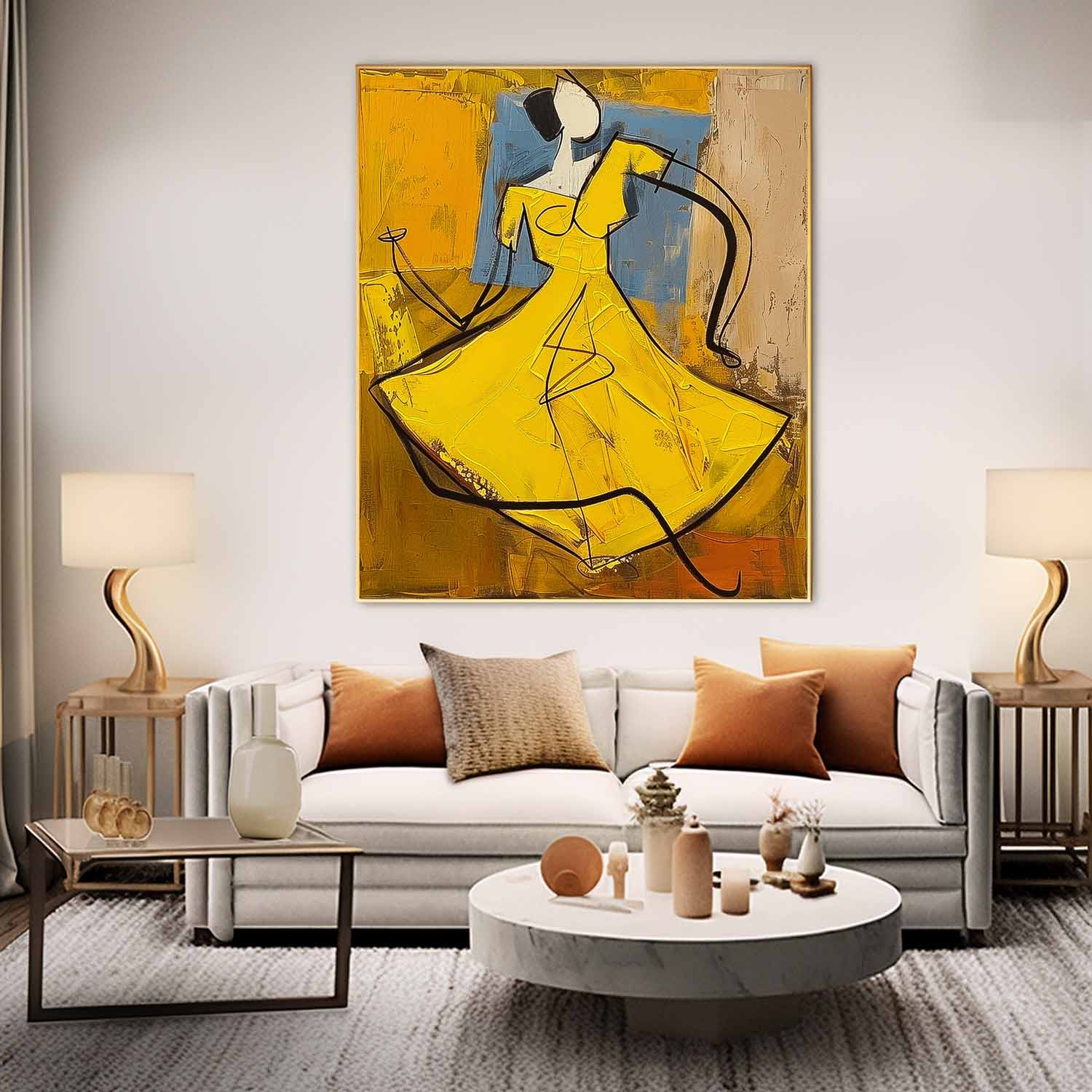 Large Dancing Woman Painting Framed Original Lady Wall Art Abstract Yellow Dress Artwork Home Decor